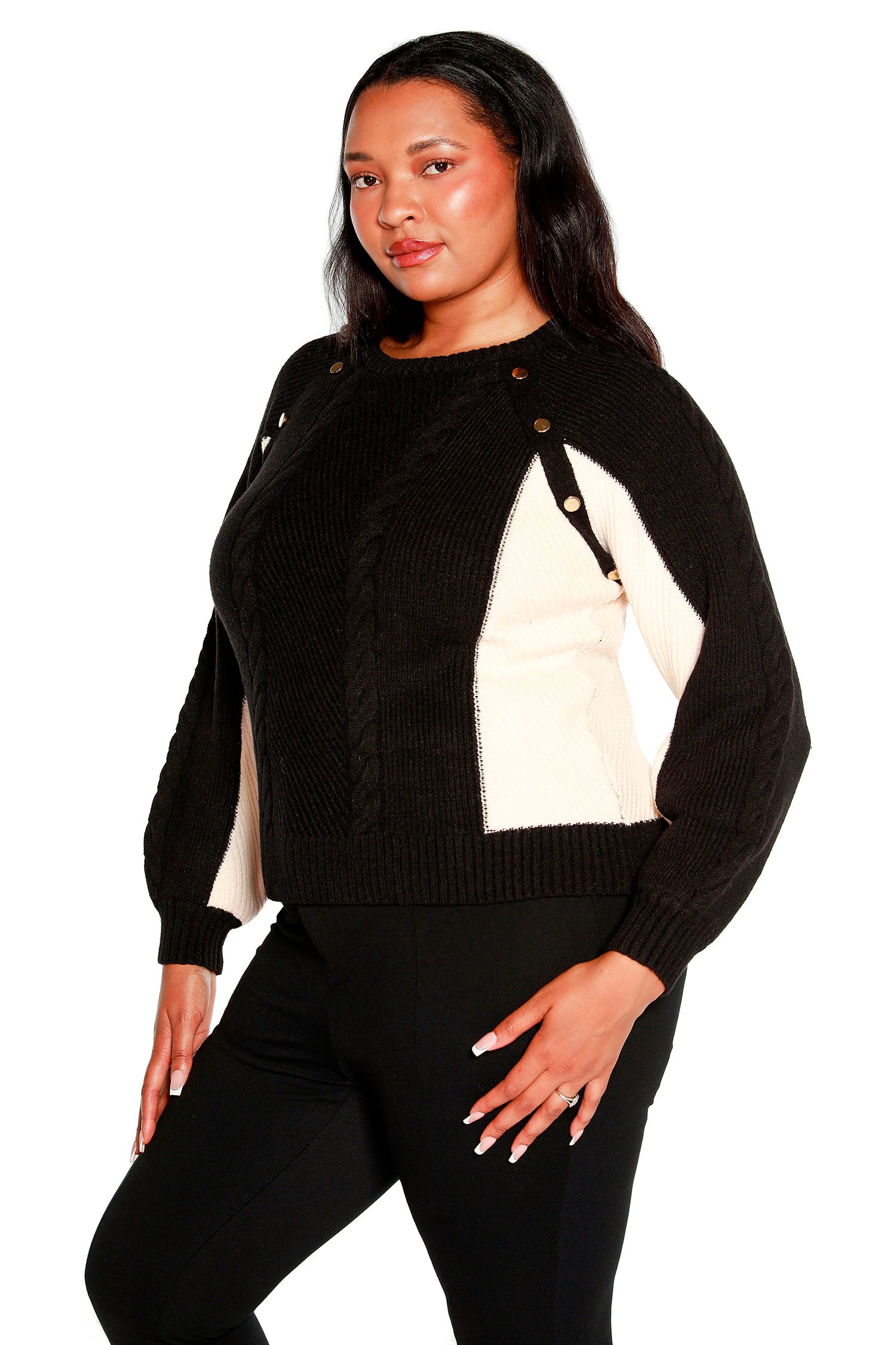Women's Dramatic Color Blocked Sweater with Gold Button Detail | Curvy