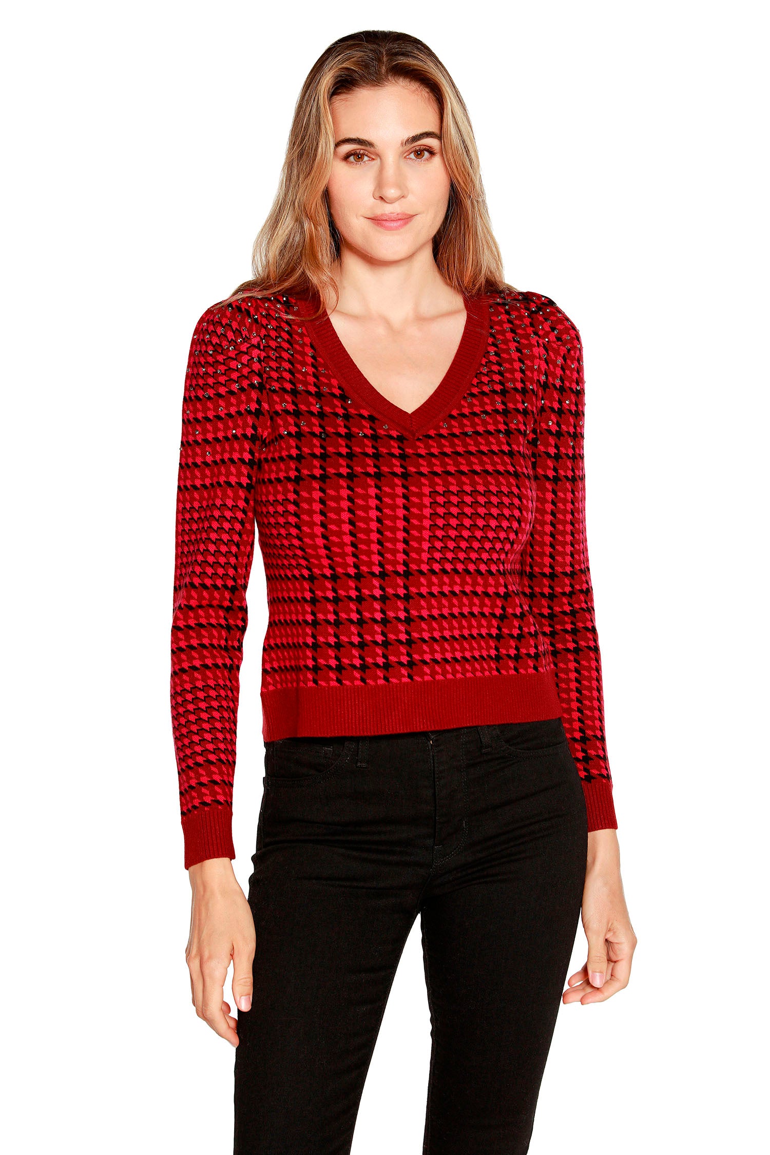 Women's Classic Plaid Sweater with Puff Sleeves, Rhinestones and V-neck