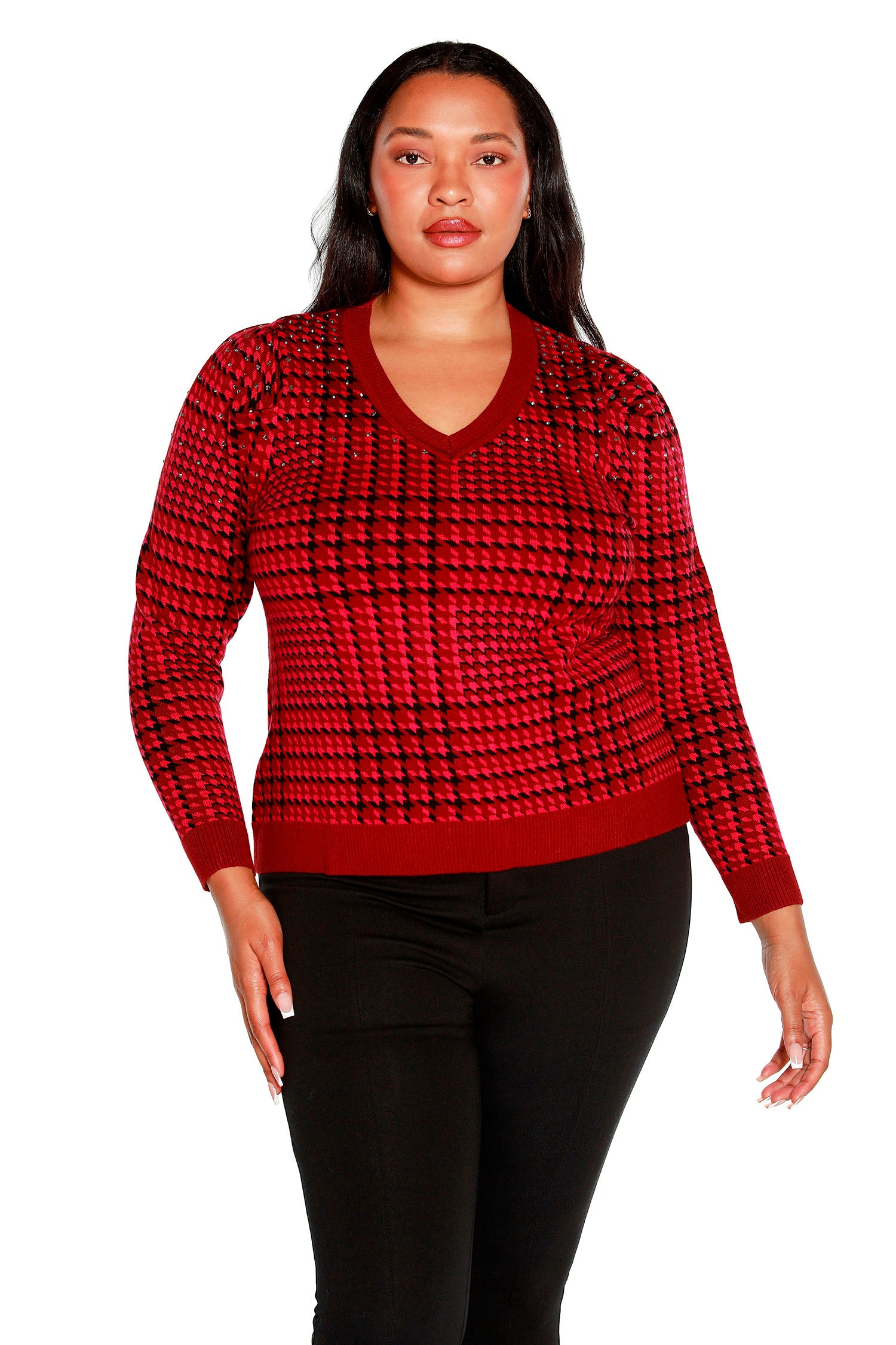 Women's Classic Plaid Sweater with Puff Sleeves, Rhinestones and V-neck | Curvy