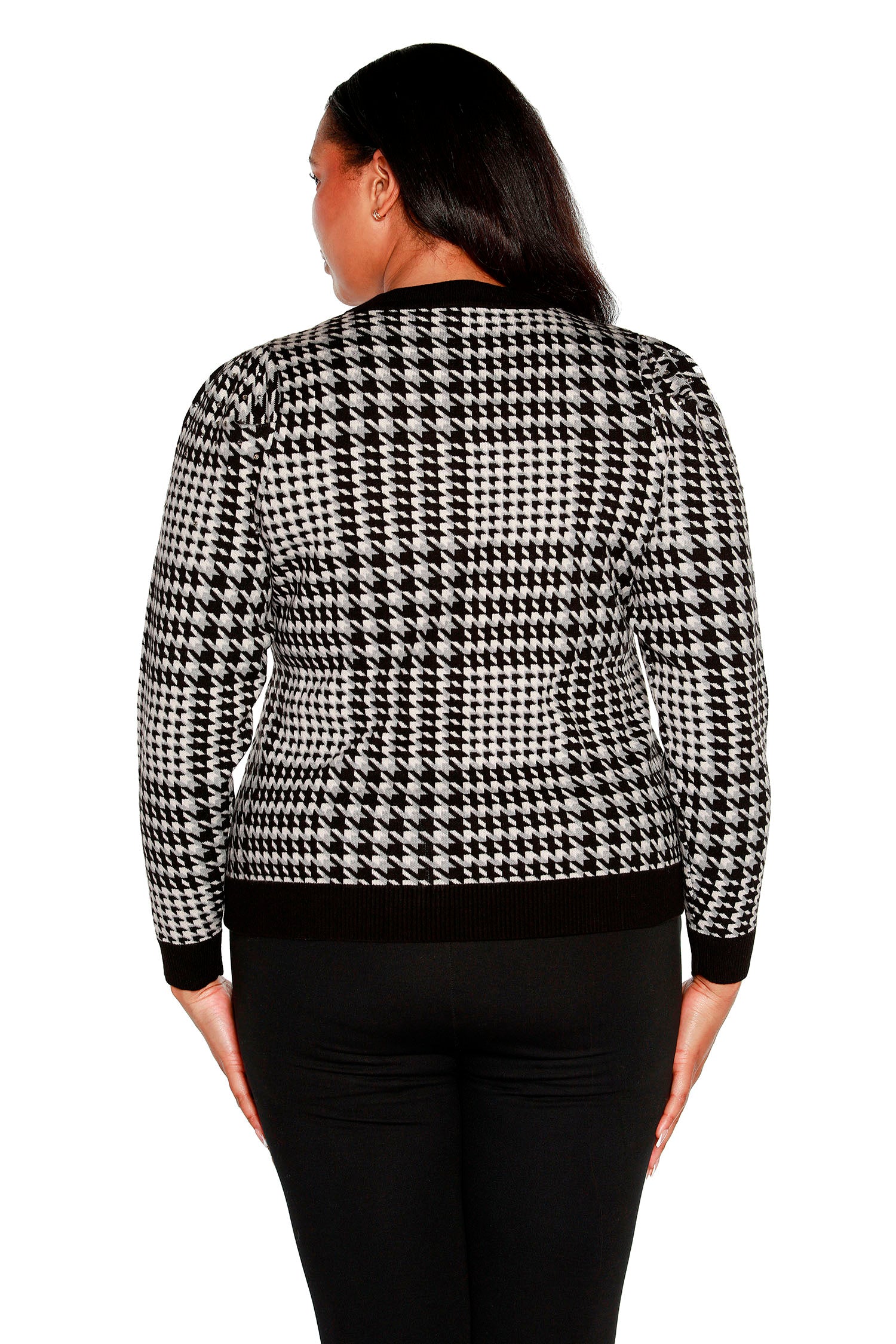 Women's Classic Plaid Sweater with Puff Sleeves, Rhinestones and V-neck | Curvy