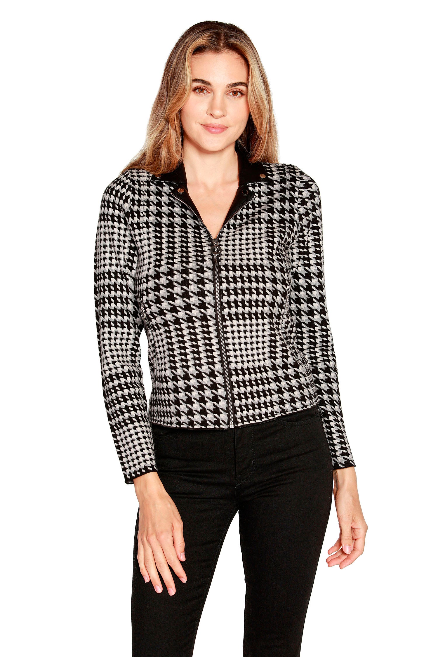 Women's Houndstooth Plaid Moto Style Jacket with Pockets and Custom Hardware