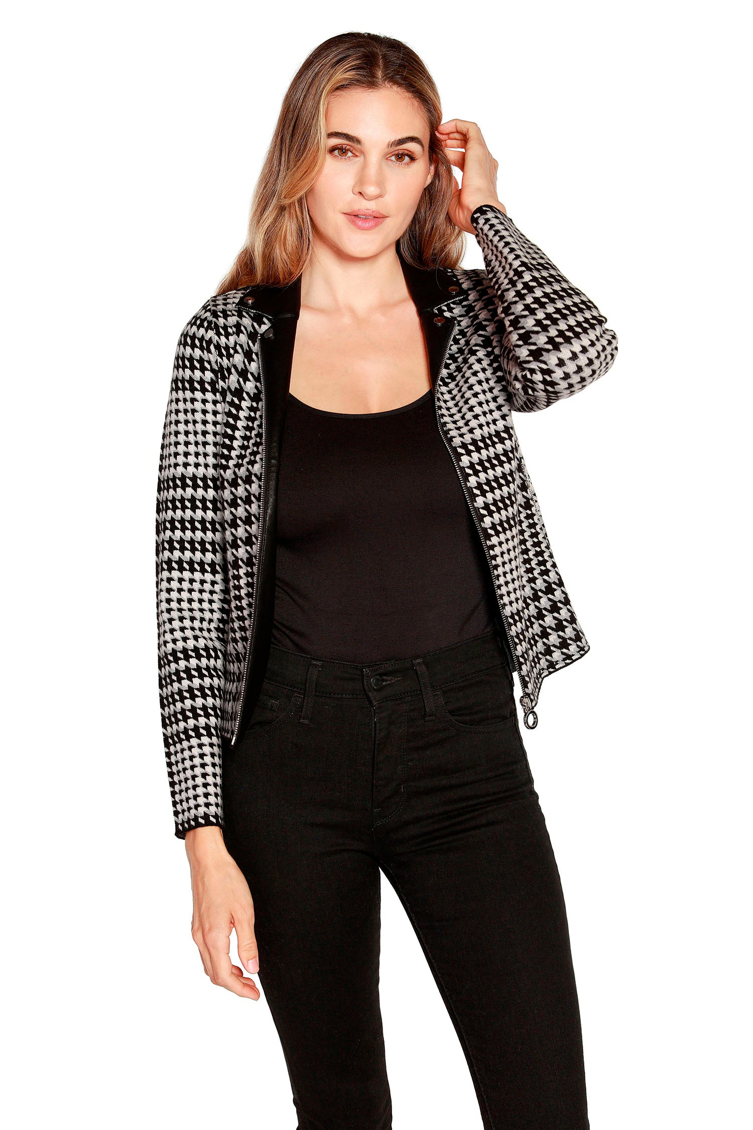 Women's Houndstooth Plaid Moto Style Jacket with Pockets and Custom Hardware