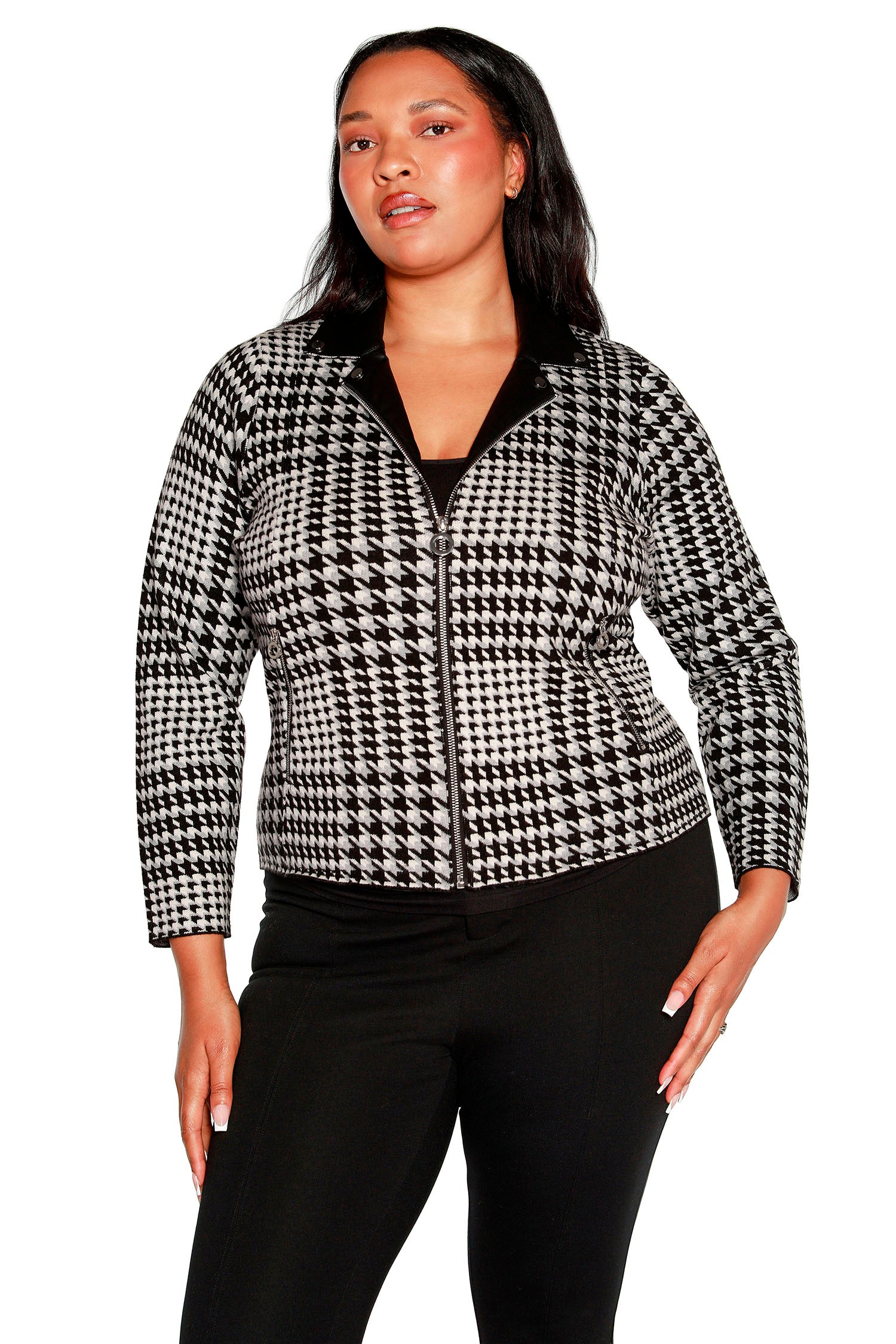 Women's Houndstooth Plaid Moto Style Jacket with Pockets and Custom Hardware | Curvy