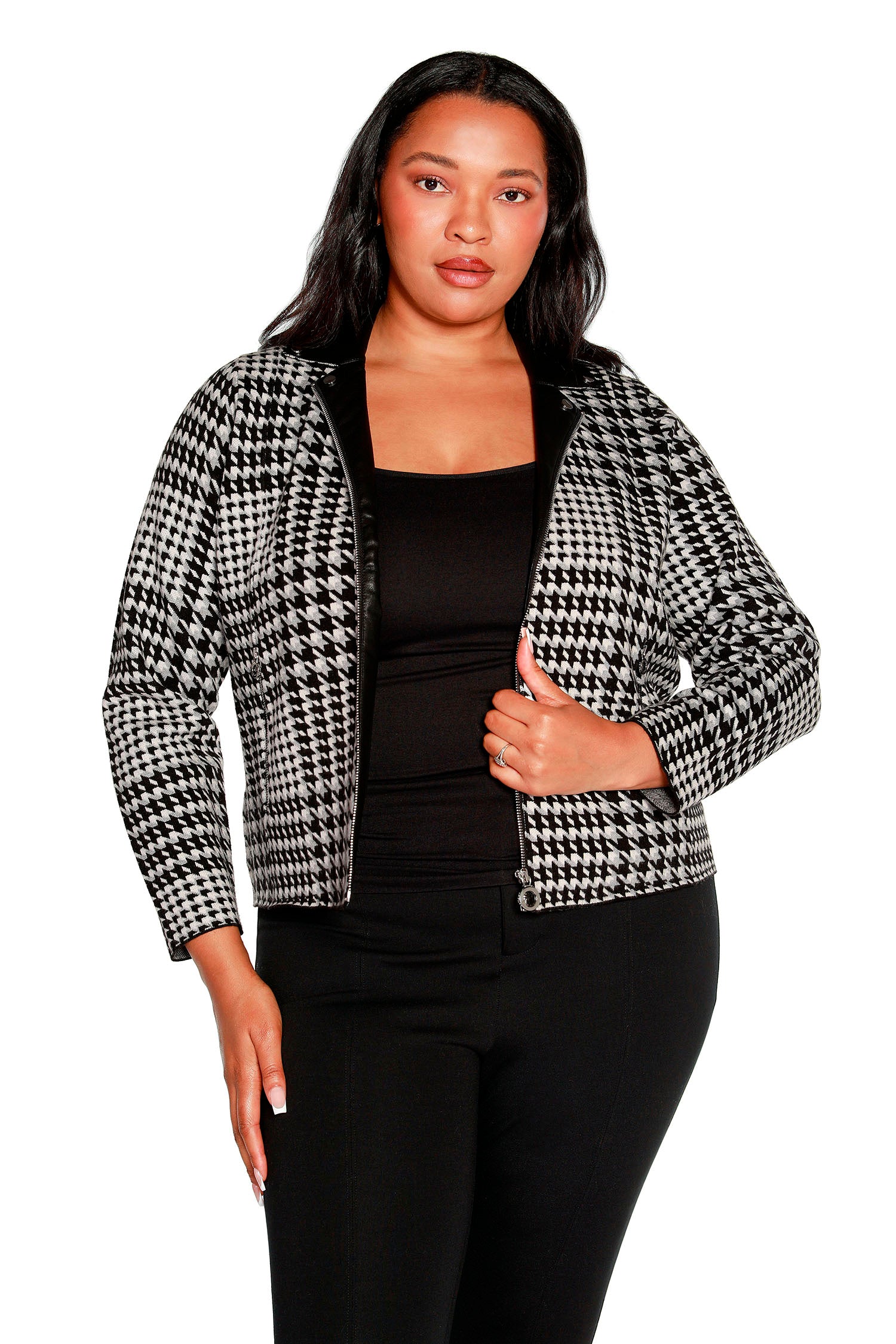 Women's Houndstooth Plaid Moto Style Jacket with Pockets and Custom Hardware | Curvy