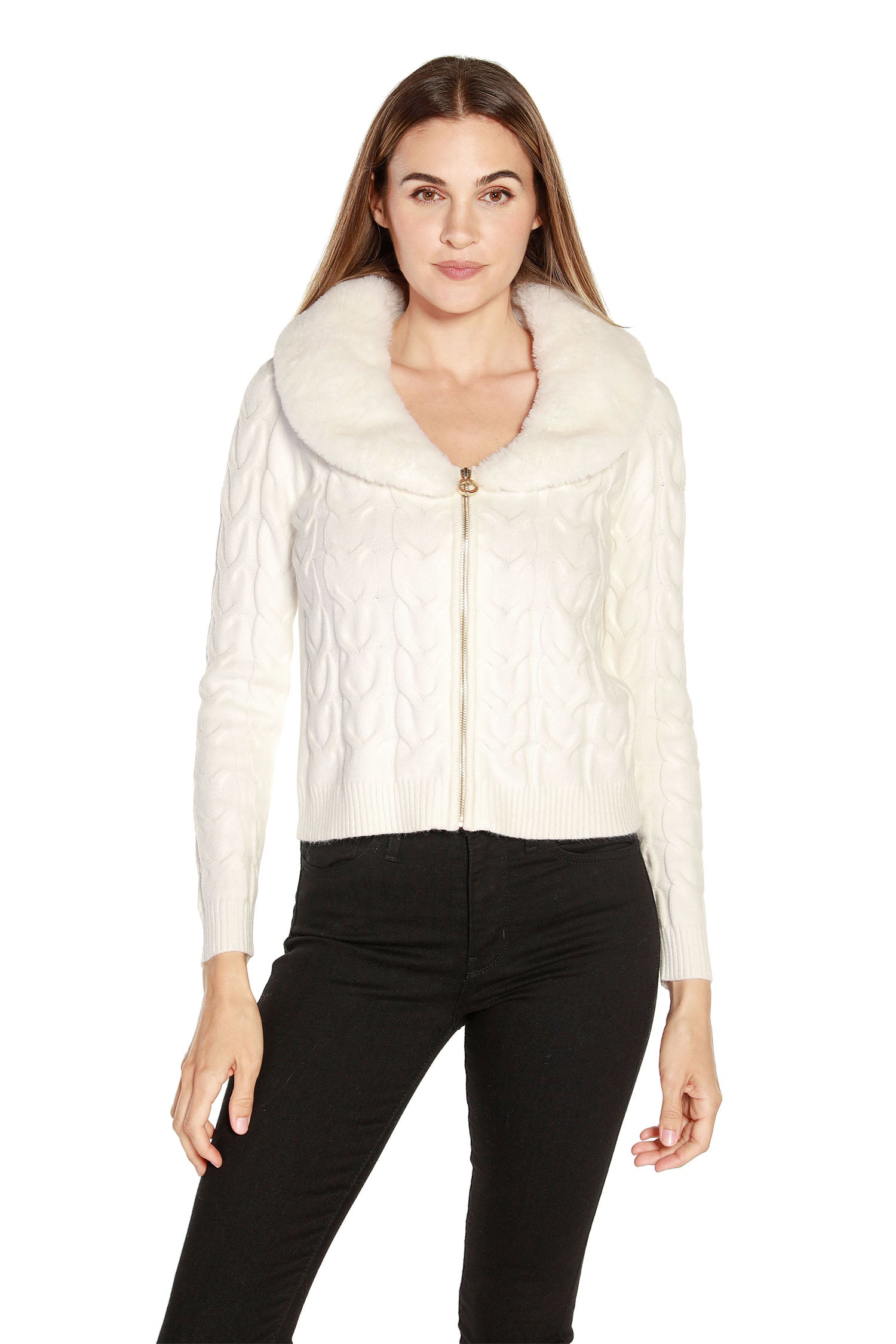 Women's Zip Front Cable Knit Cardigan Sweater with Faux Fur Collar