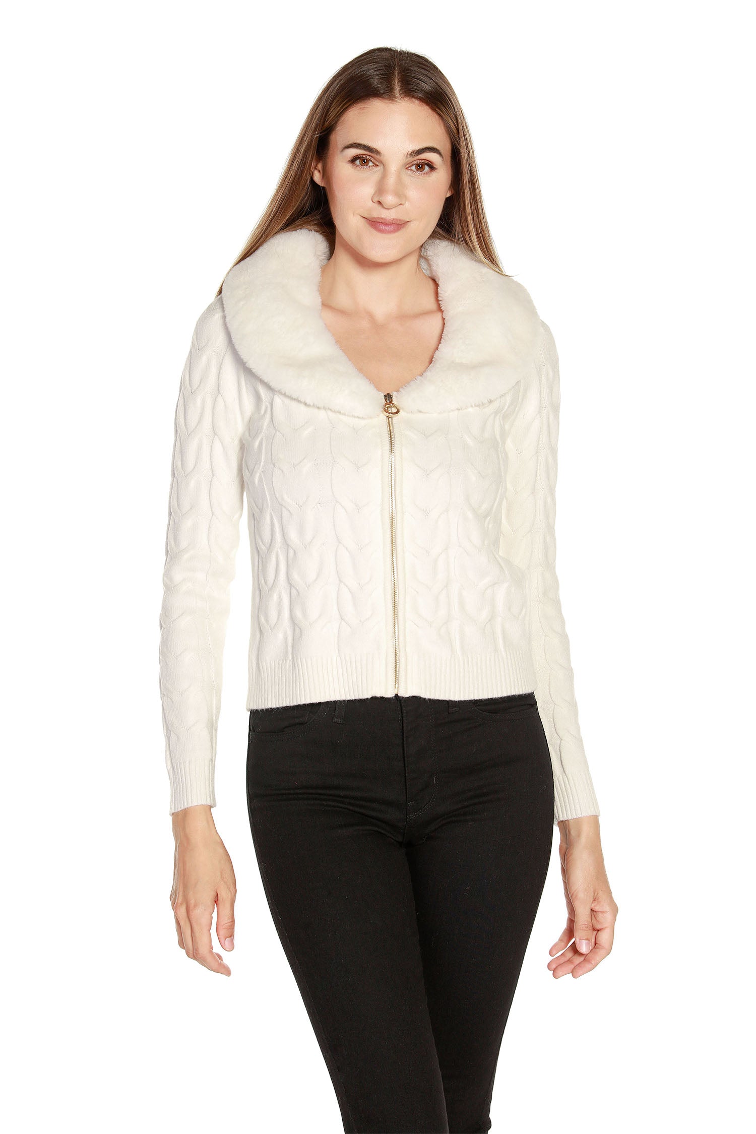 Women's Zip Front Cable Knit Cardigan Sweater with Faux Fur Collar