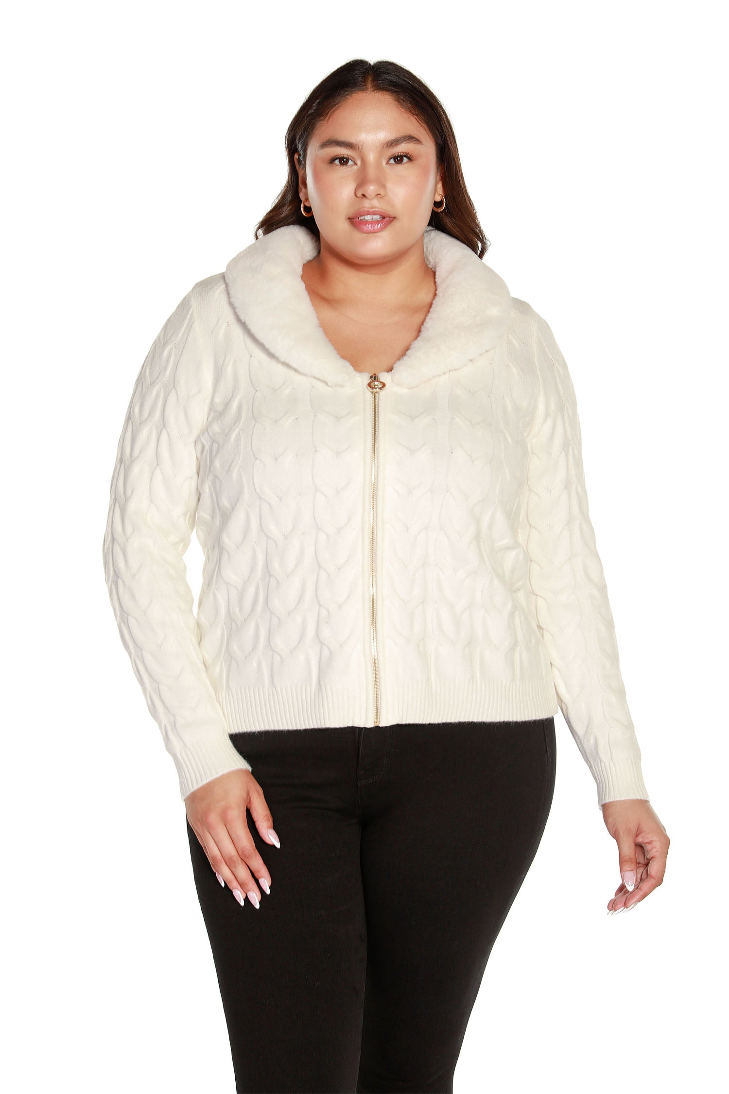 Women's Zip Front Cable Knit Cardigan Sweater with Faux Fur Collar | Curvy