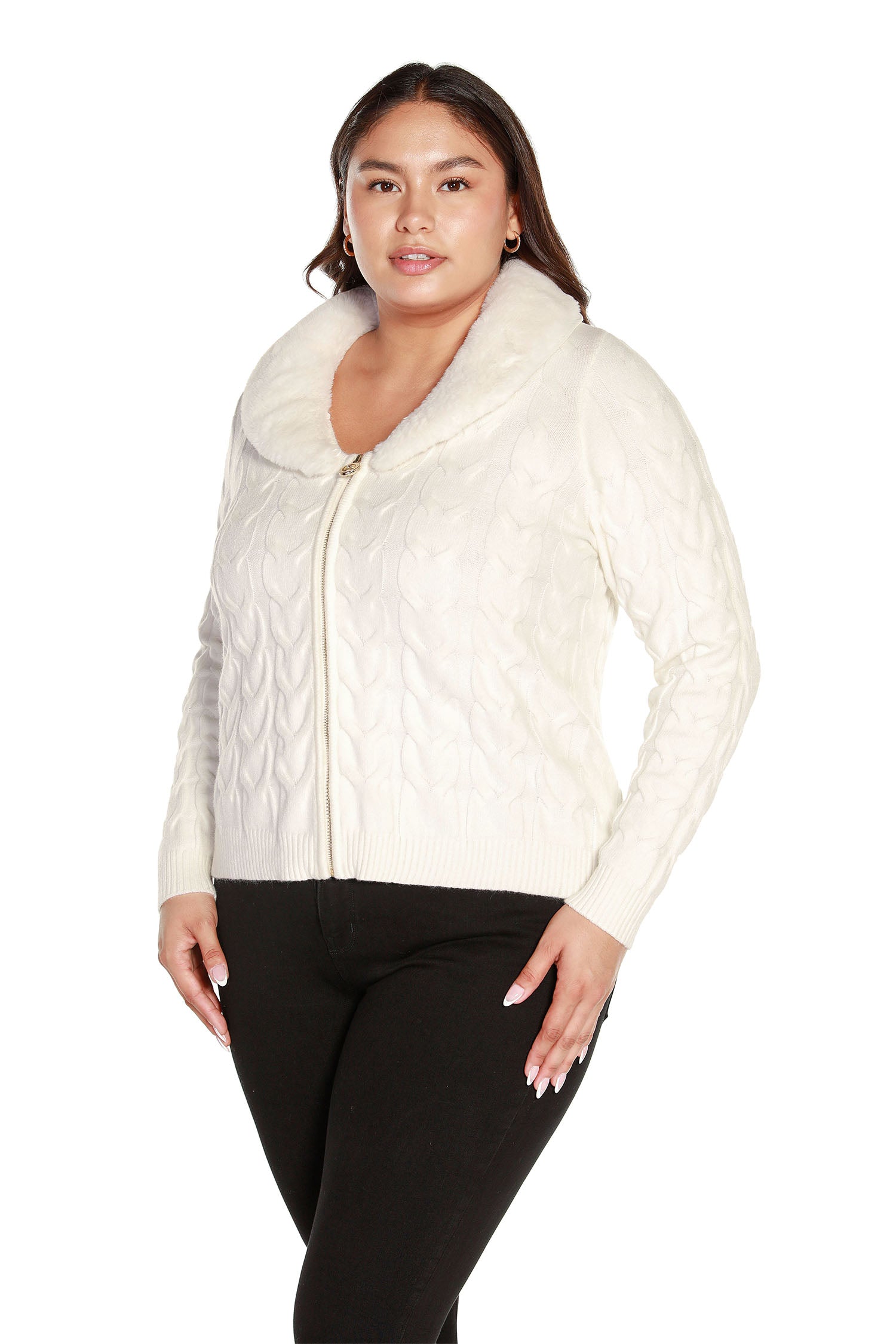 Women's Zip Front Cable Knit Cardigan Sweater with Faux Fur Collar | Curvy