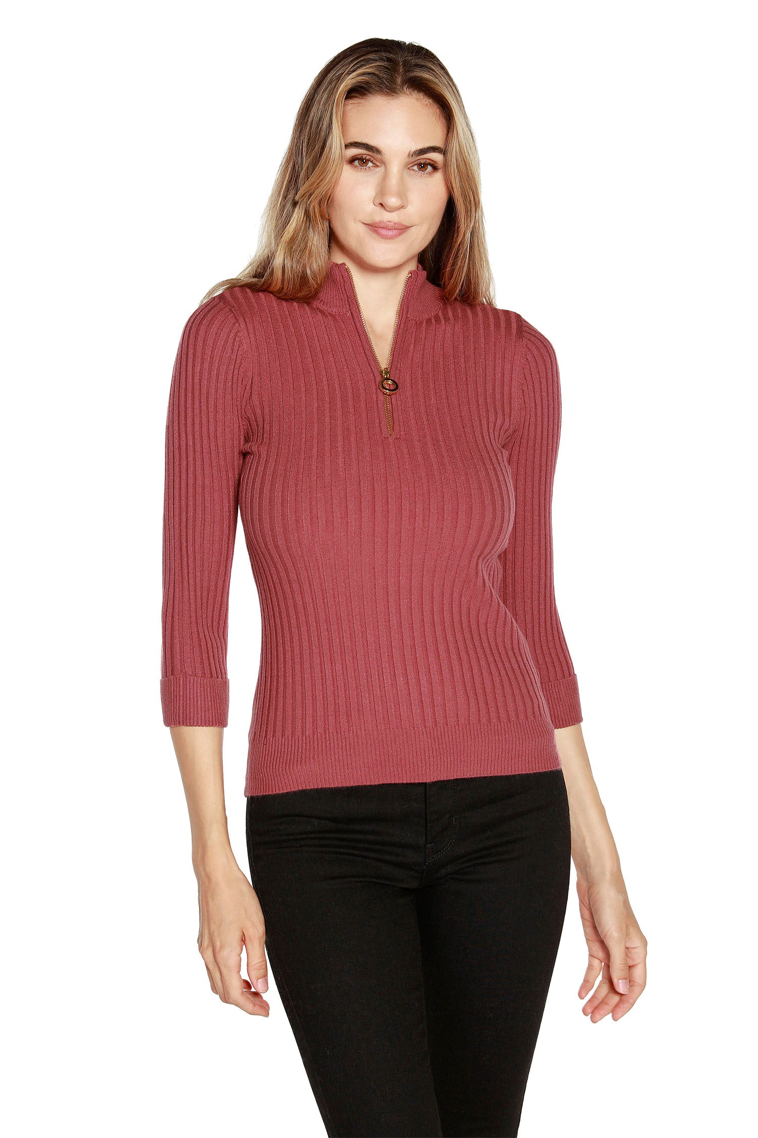 Women's Quarter Length Zipper Polo with 3/4 Sleeves and Mock Neck Collar