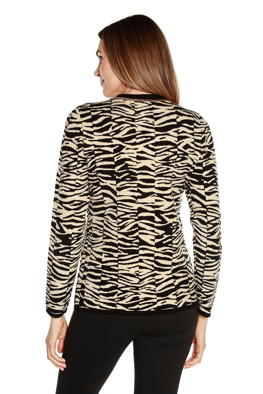Women's Animal Stripe Long Knit Jacket with Gold Chain Details