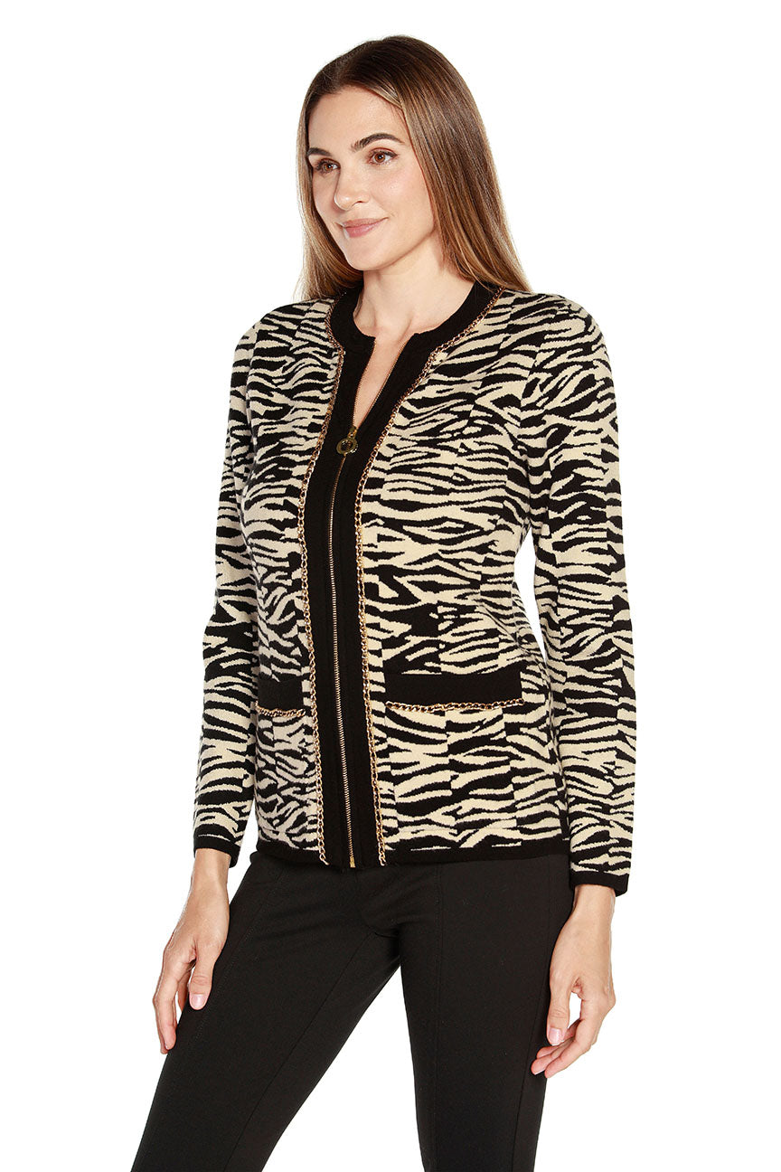 Women's Animal Stripe Long Knit Jacket with Gold Chain Details