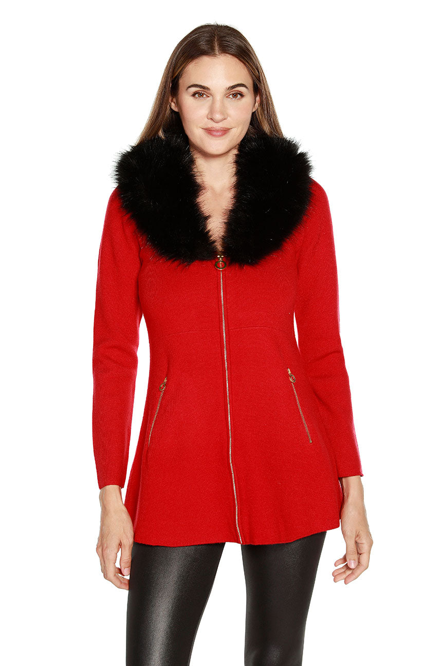 Women's Fit and Flare Knit Jacket with Detachable Faux Fur Collar and Pockets