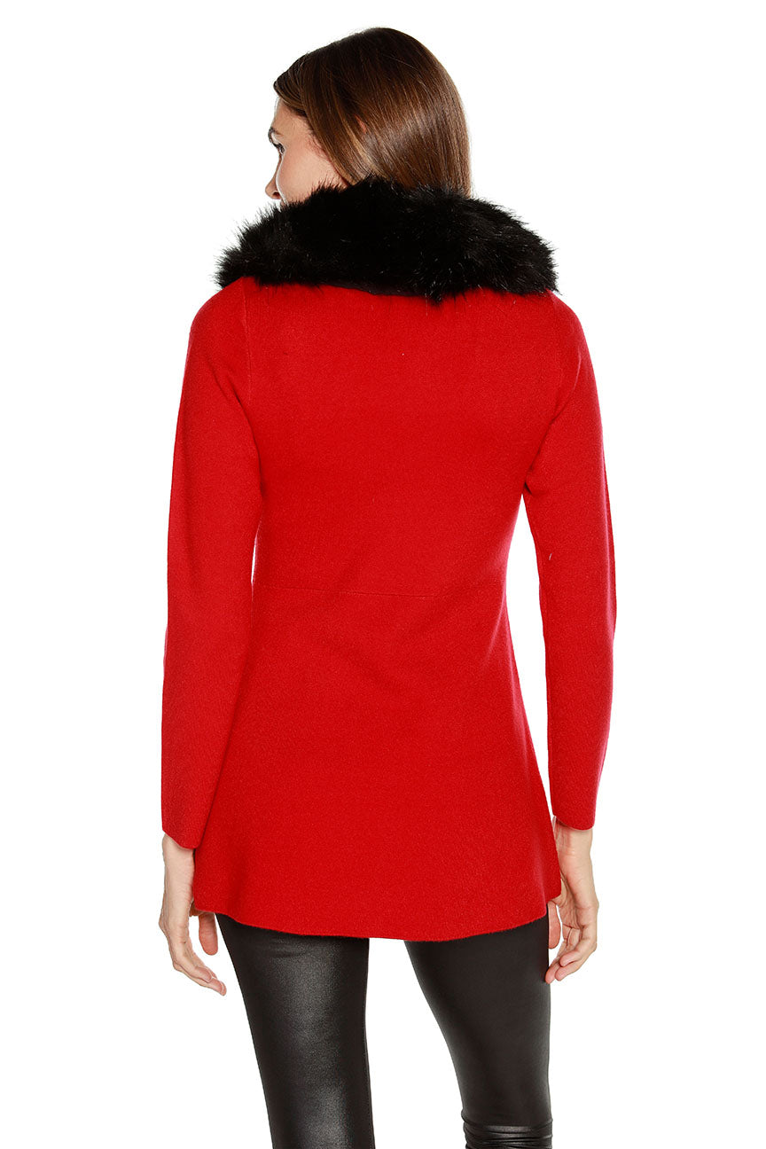 Women's Fit and Flare Knit Jacket with Detachable Faux Fur Collar and Pockets