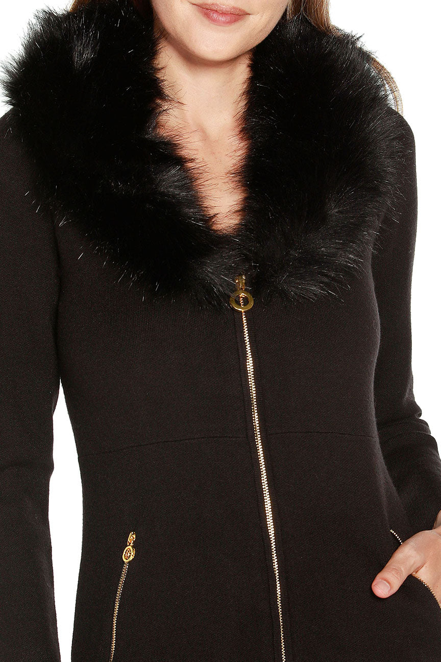 Women's Fit and Flare Knit Jacket with Detachable Faux Fur Collar and Pockets