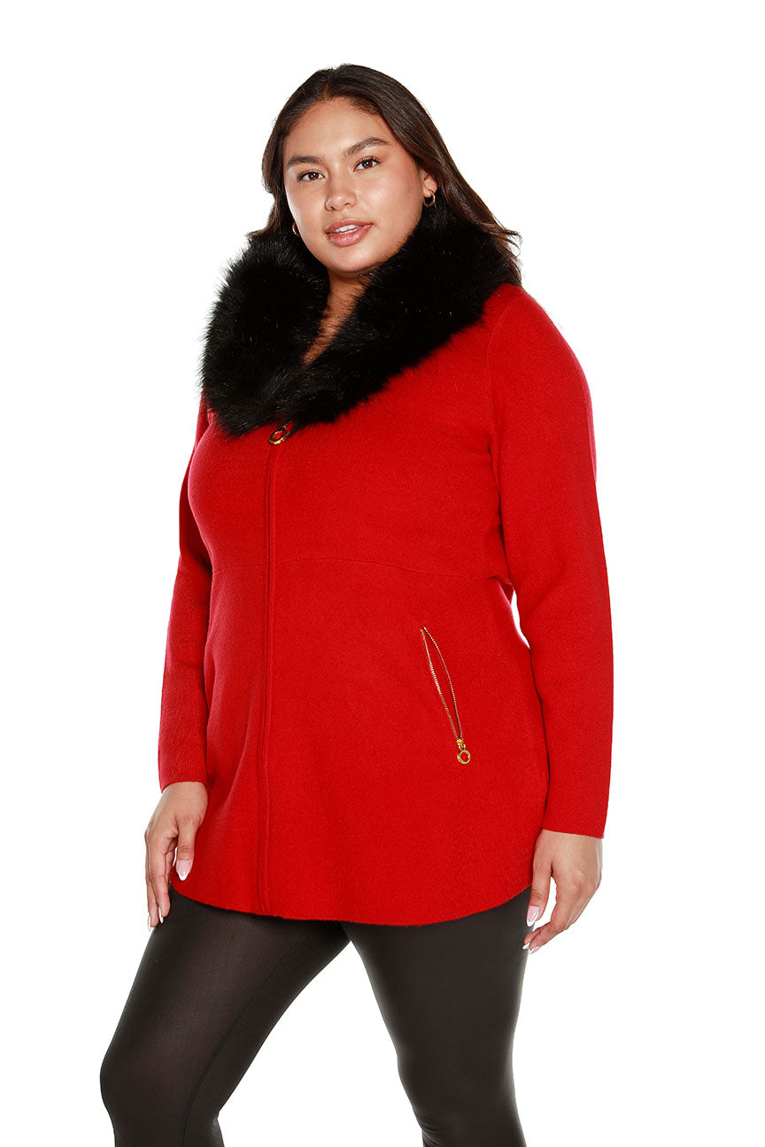 Women's Fit and Flare Knit Jacket with Detachable Faux Fur Collar and Pockets | Curvy