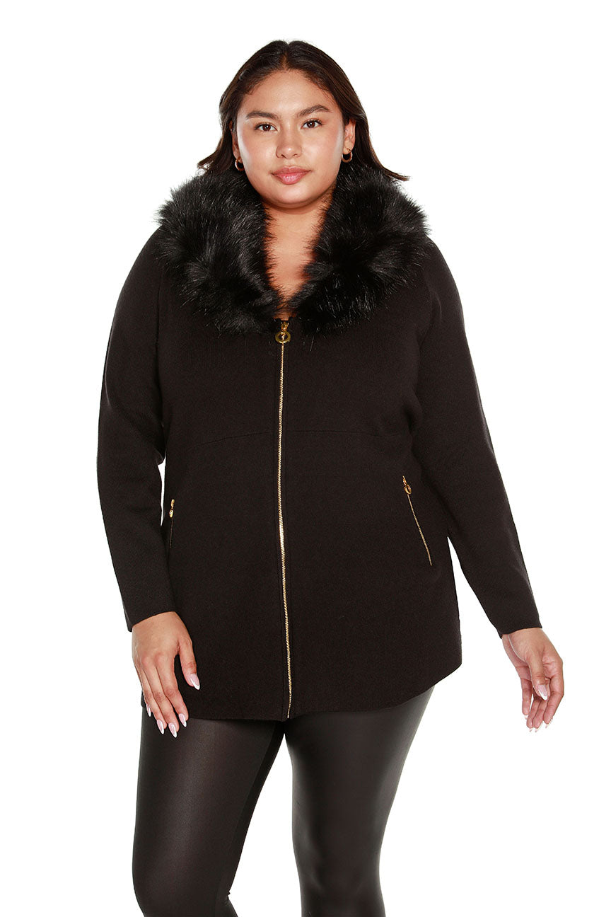 Women's Fit and Flare Knit Jacket with Detachable Faux Fur Collar and Pockets | Curvy