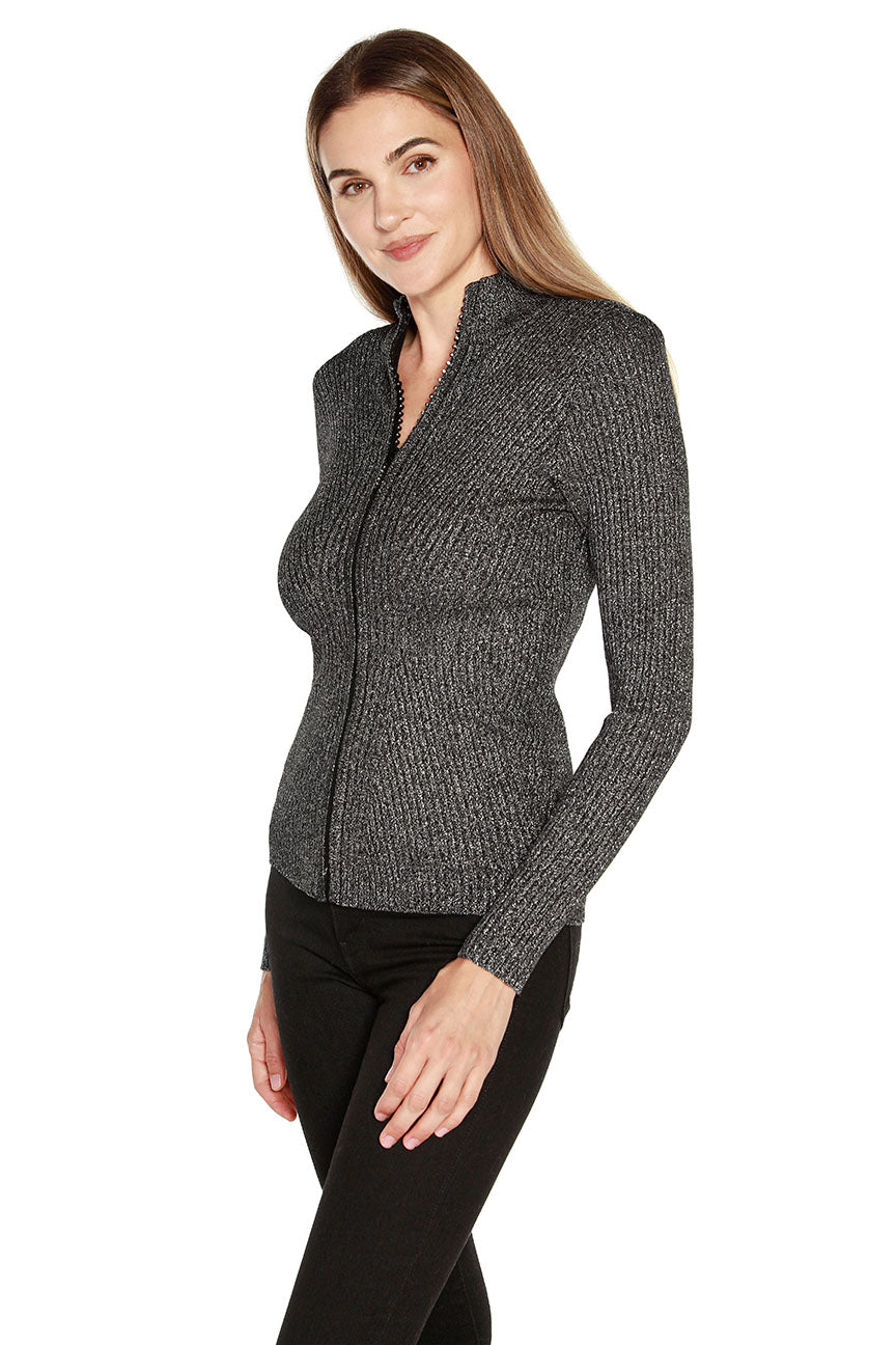 Women's Metallic Lurex Diamond Zip Front Cardigan