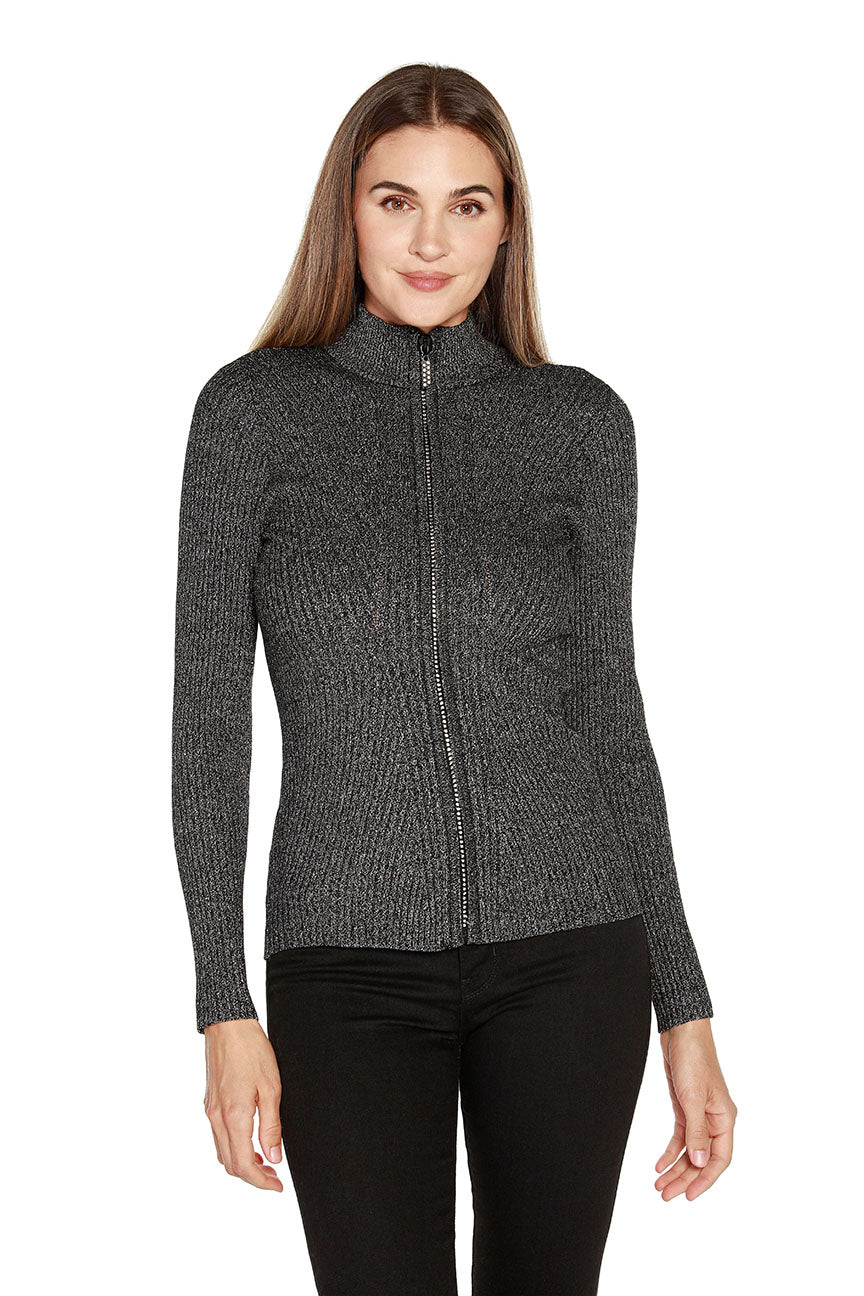 Women's Metallic Lurex Diamond Zip Front Cardigan