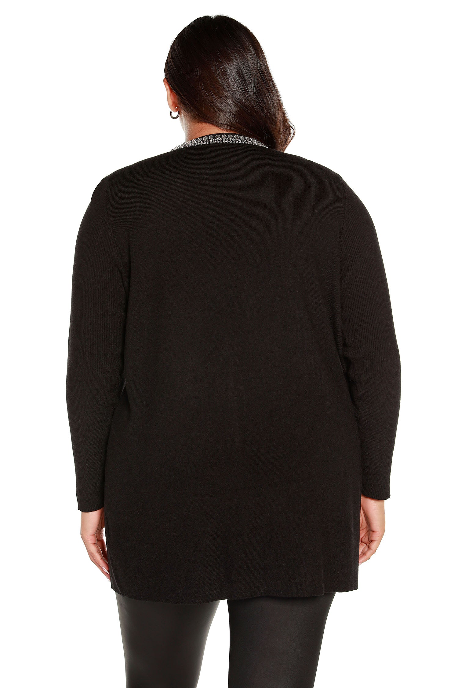 Women's Dressy Long Black Cardigan with Diamond Rhinestone Trim | Curvy