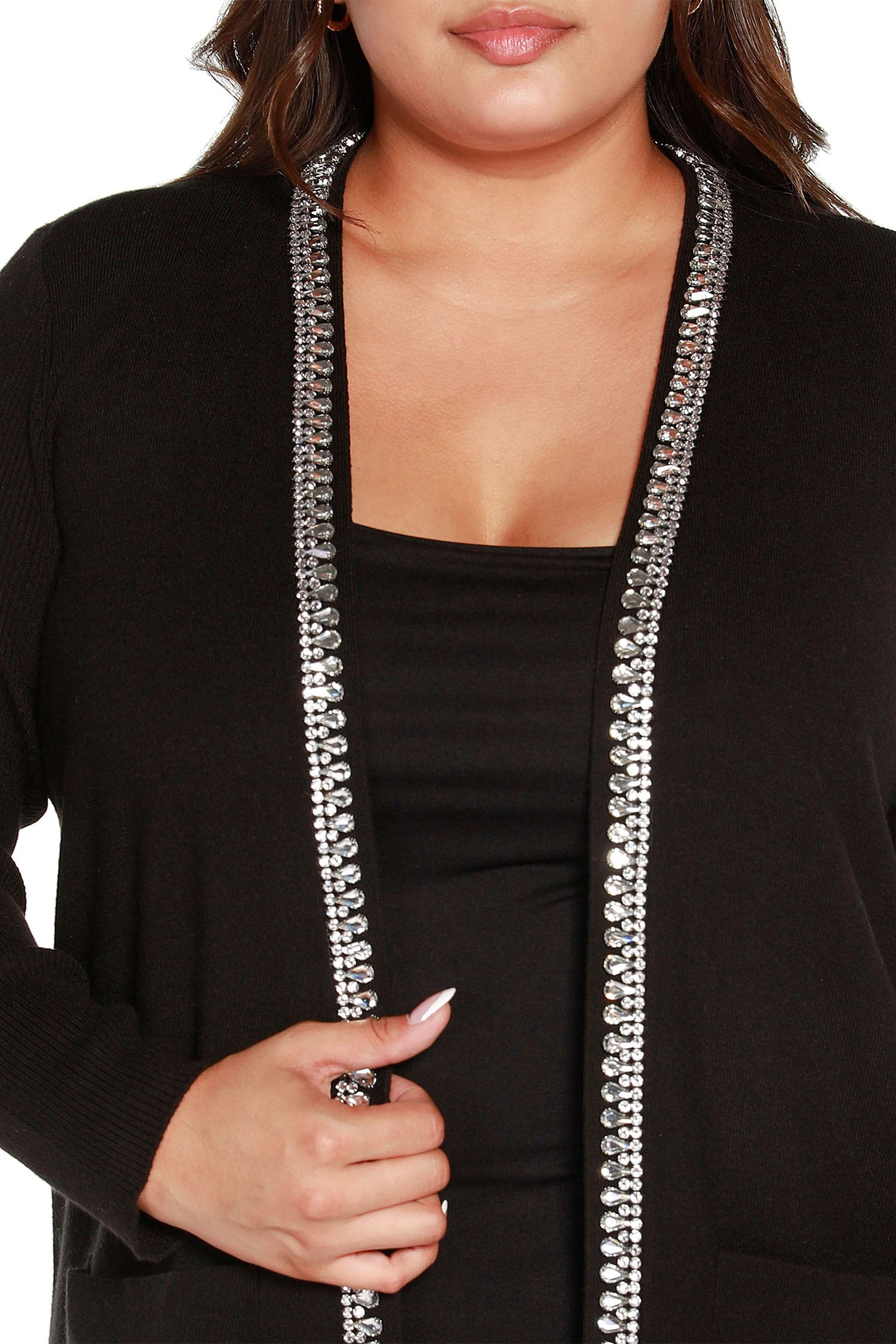 Cárdigan negro largo y elegante para mujer con ribete de diamantes de imitación | con curvas