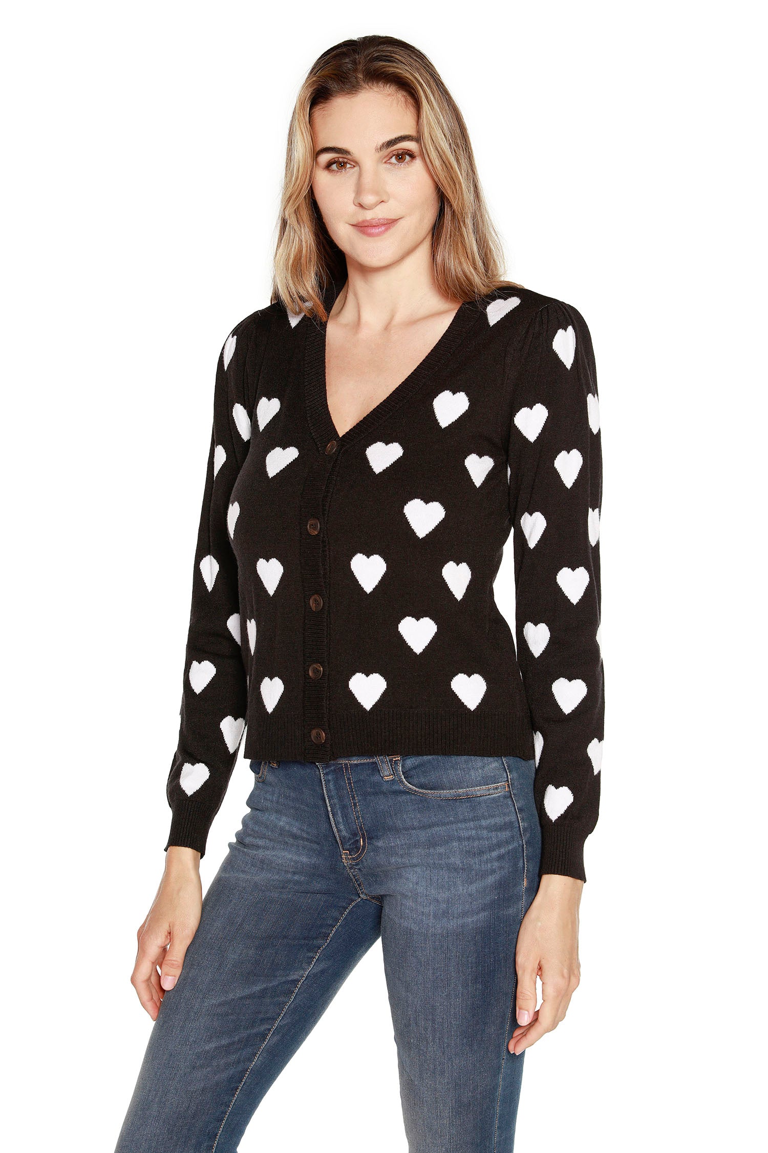 Women's Jacquard Button Up Sweater Cardigan with Heart Design