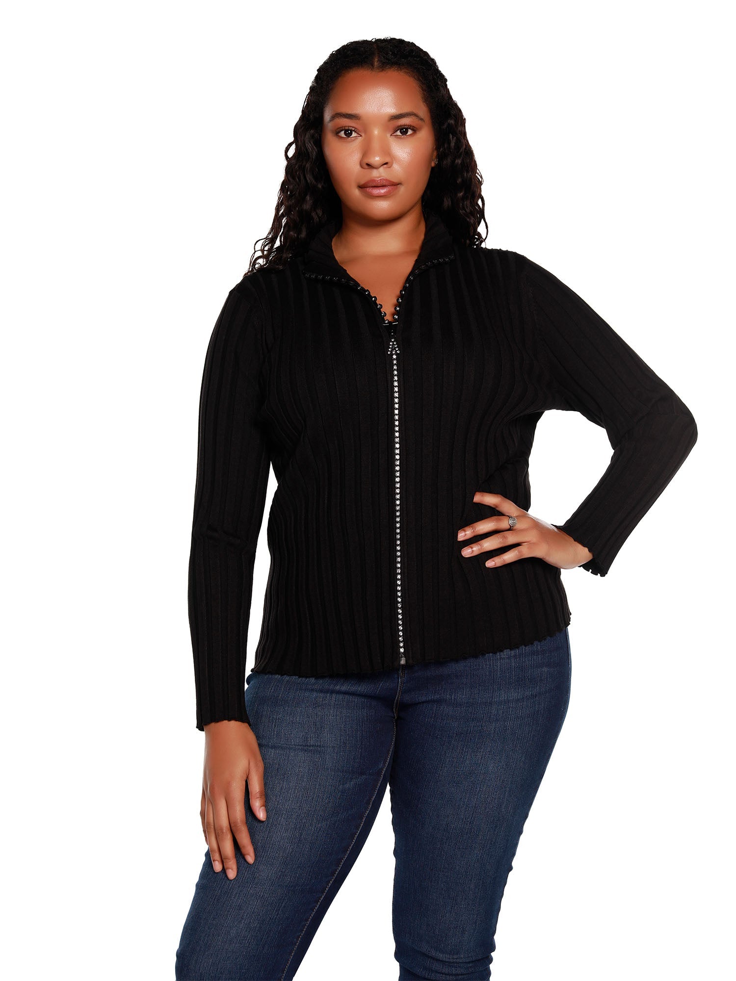 Women's Long Sleeve Zip Front Sweater with Mock Neck & Diamond Rhinestone Zipper | Curvy