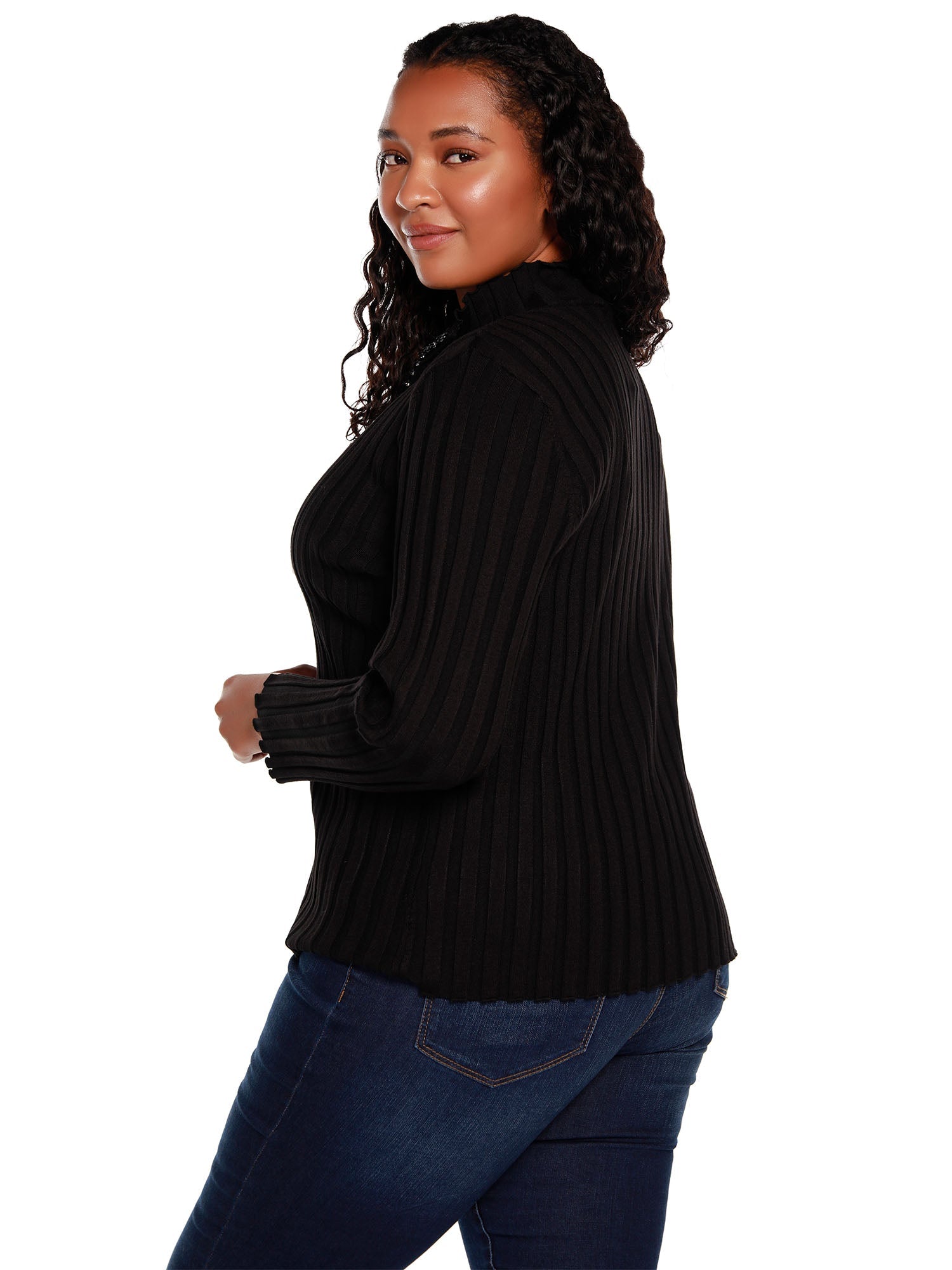 Women's Long Sleeve Zip Front Sweater with Mock Neck & Diamond Rhinestone Zipper | Curvy