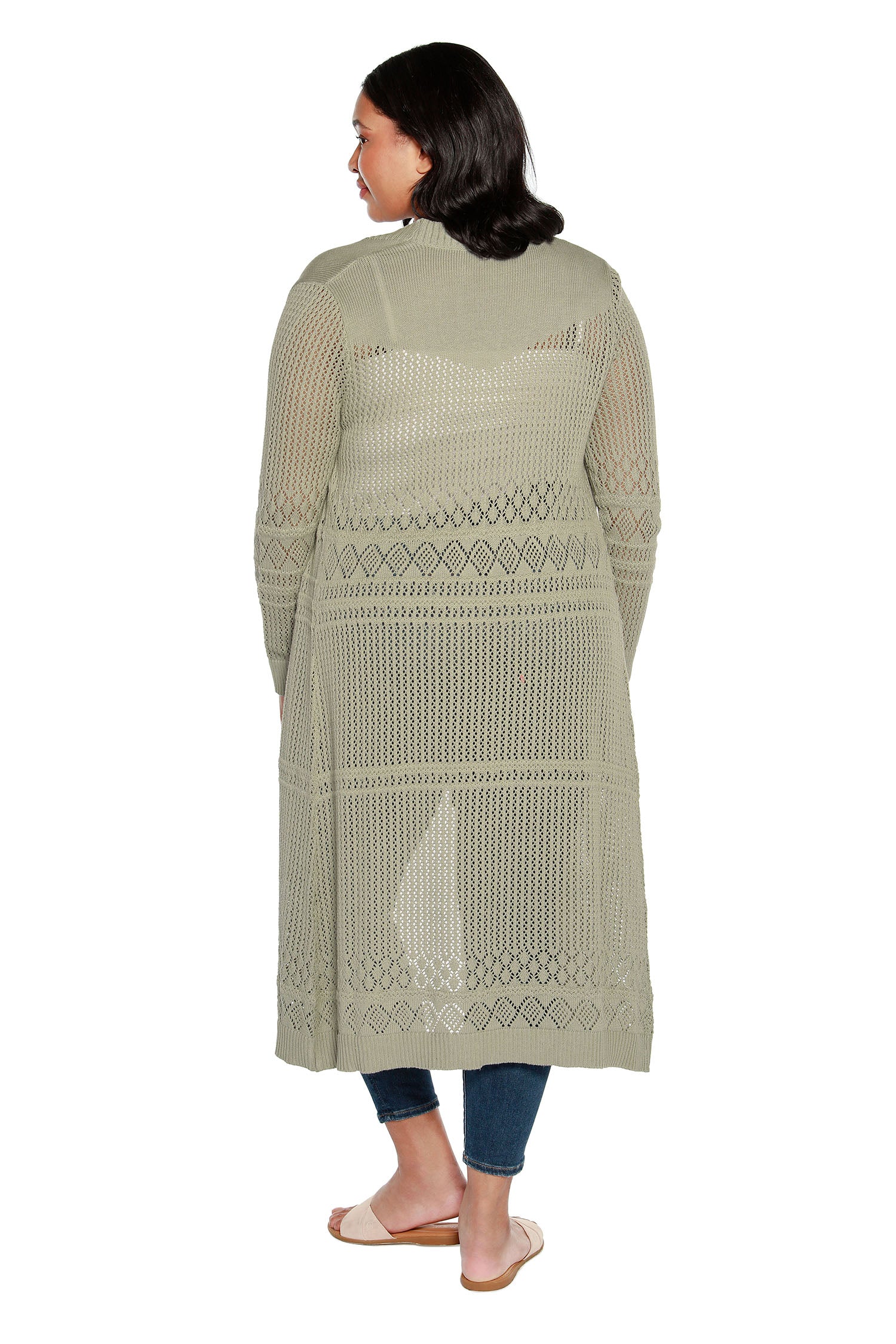 Cárdigan plumero para mujer con punto pointelle de crochet, mangas largas y frente abierto | con curvas