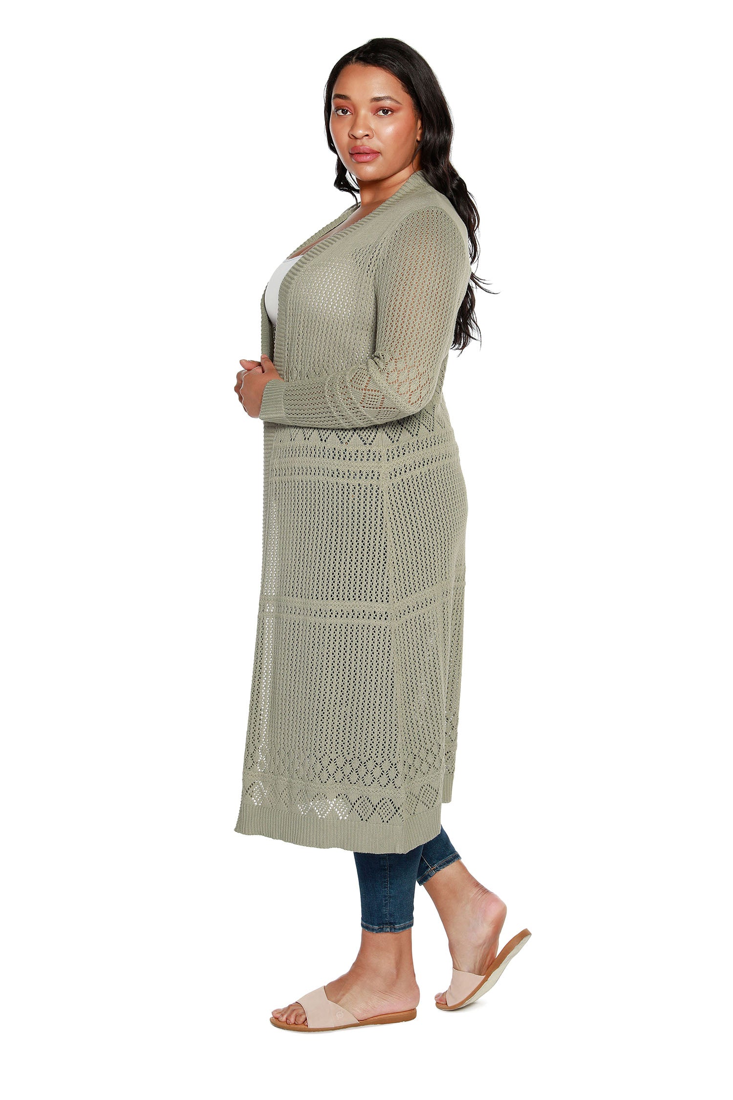 Cárdigan plumero para mujer con punto pointelle de crochet, mangas largas y frente abierto | con curvas
