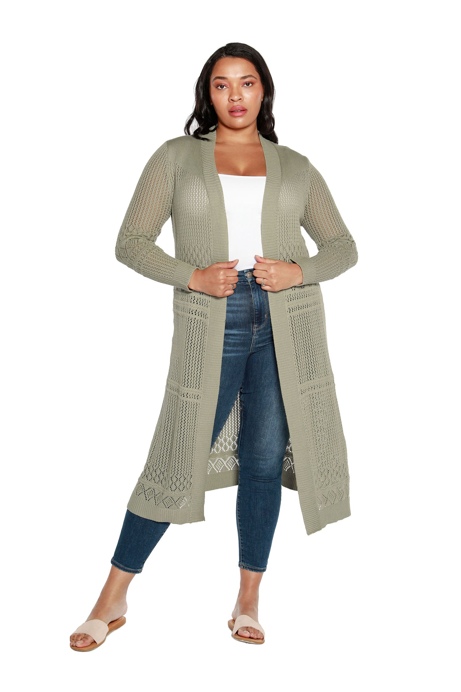 Women's Duster Cardigan in a Crochet Pointelle Stitch Long Sleeves and an Open Front  | Curvy