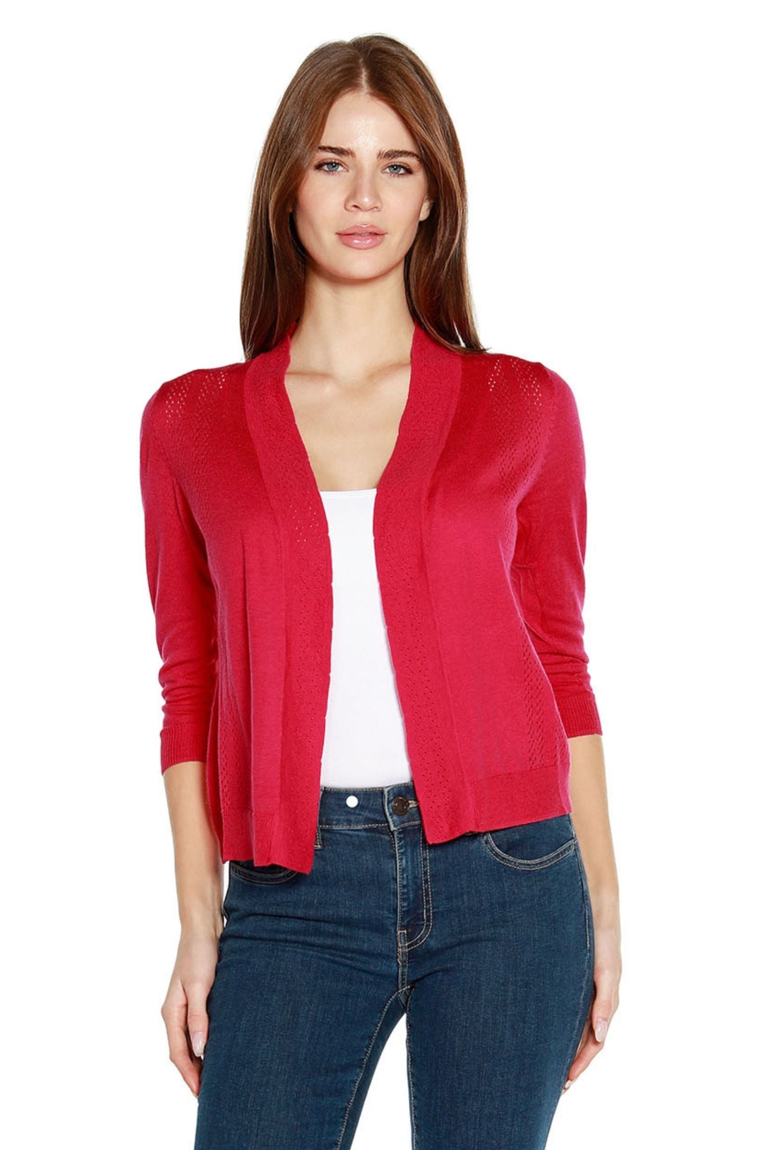 Women’s Light Cropped Cardigan Pointelle Sweater with 3/4 Sleeves