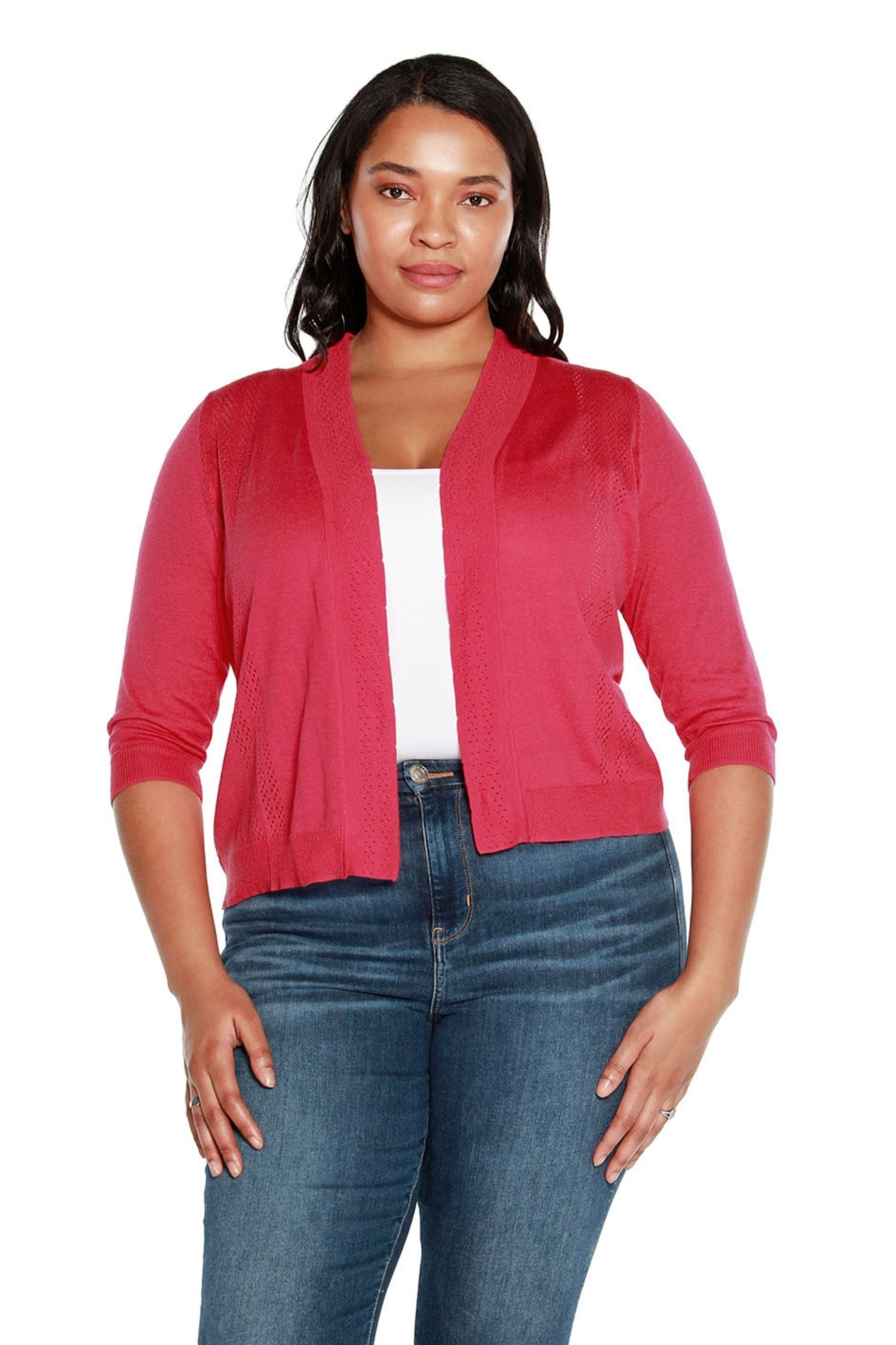 Women’s Cropped Cardigans with 3/4 Sleeves and Pointelle Stitch | Curvy