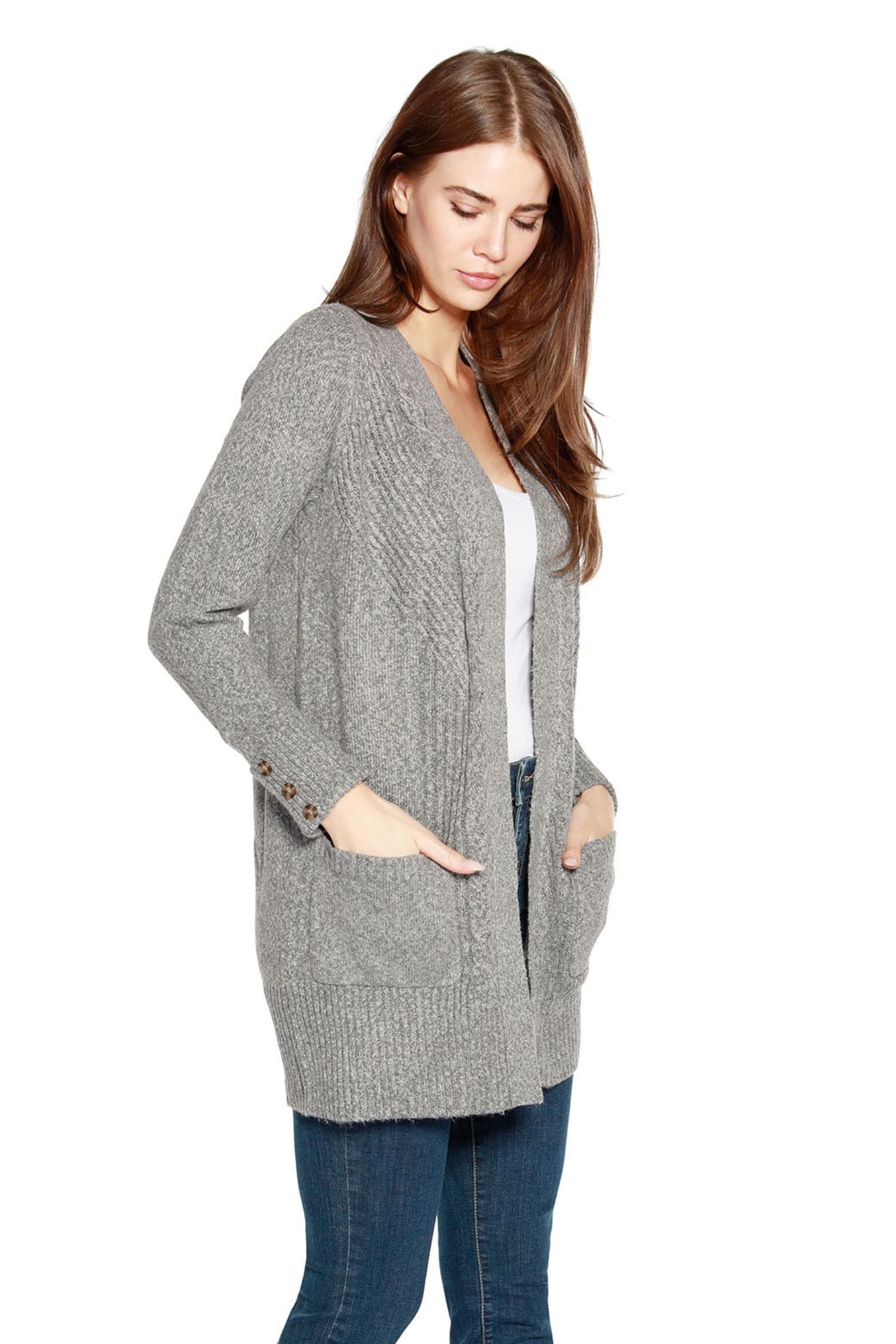 Suéter largo ligero para mujer con frente abierto y bolsillos