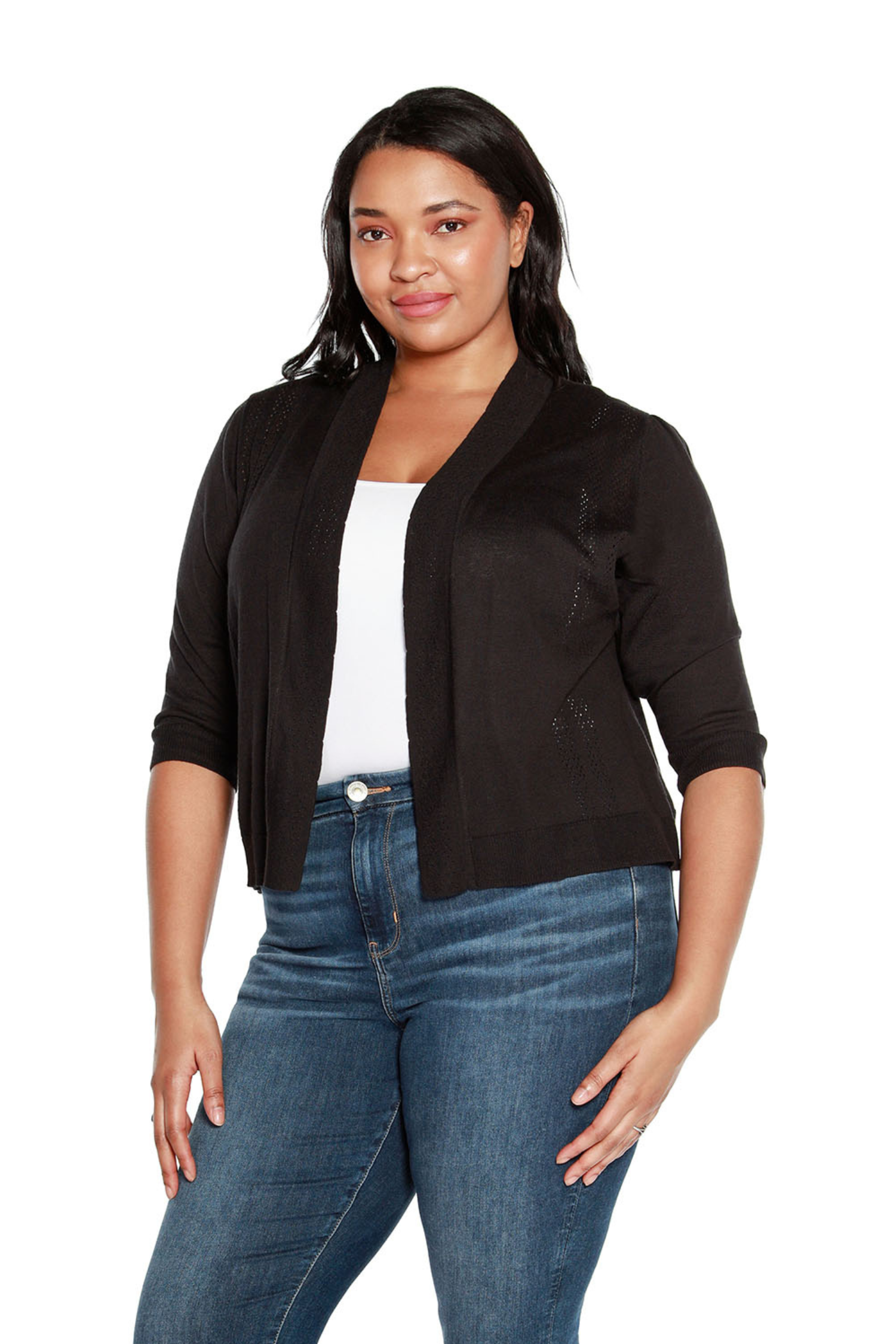 Women’s Light Cropped Cardigan Pointelle Sweater with 3/4 Sleeves | Curvy