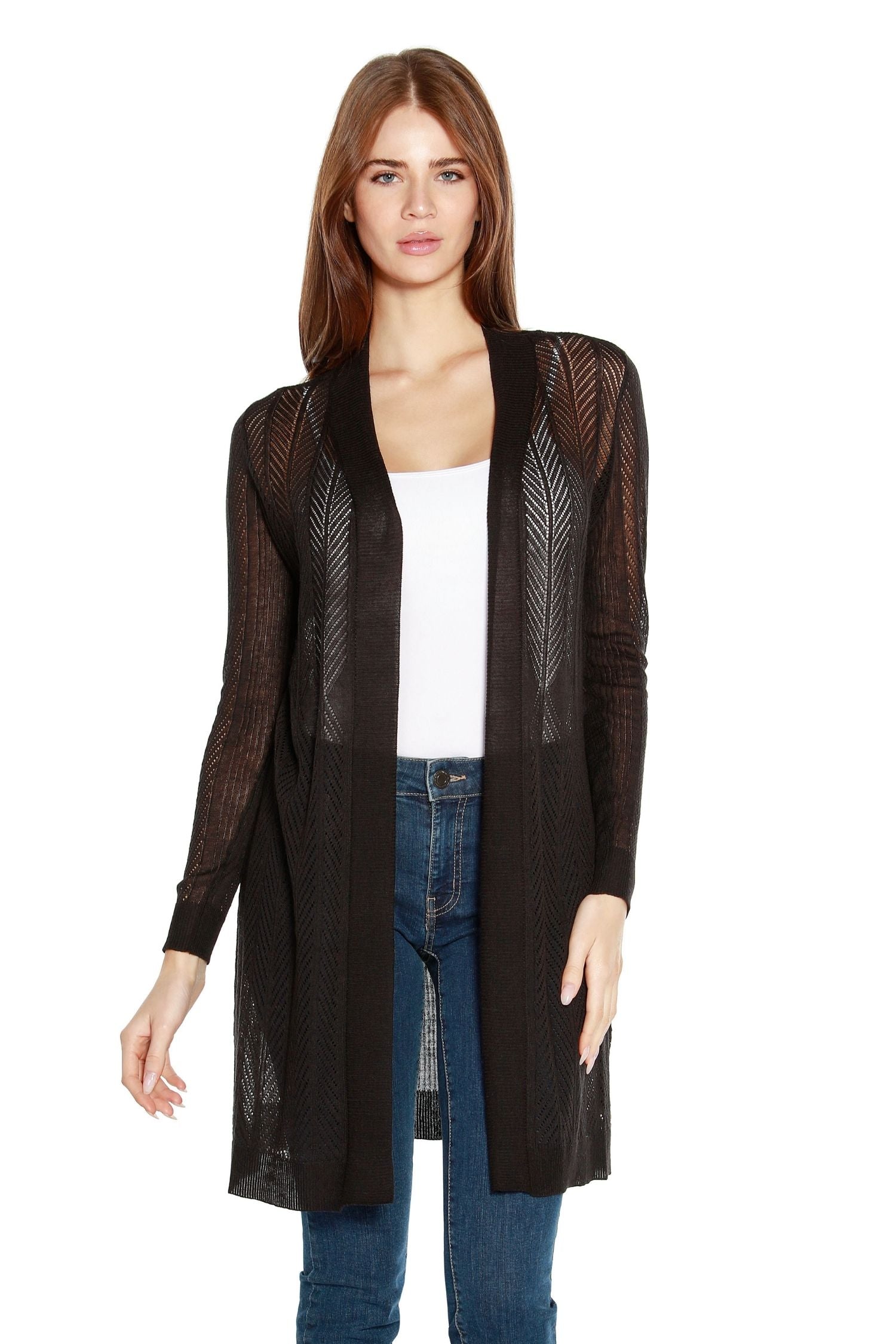 Women’s Semi Sheer Long Cardigan with Chevron Stripes and Pointelle