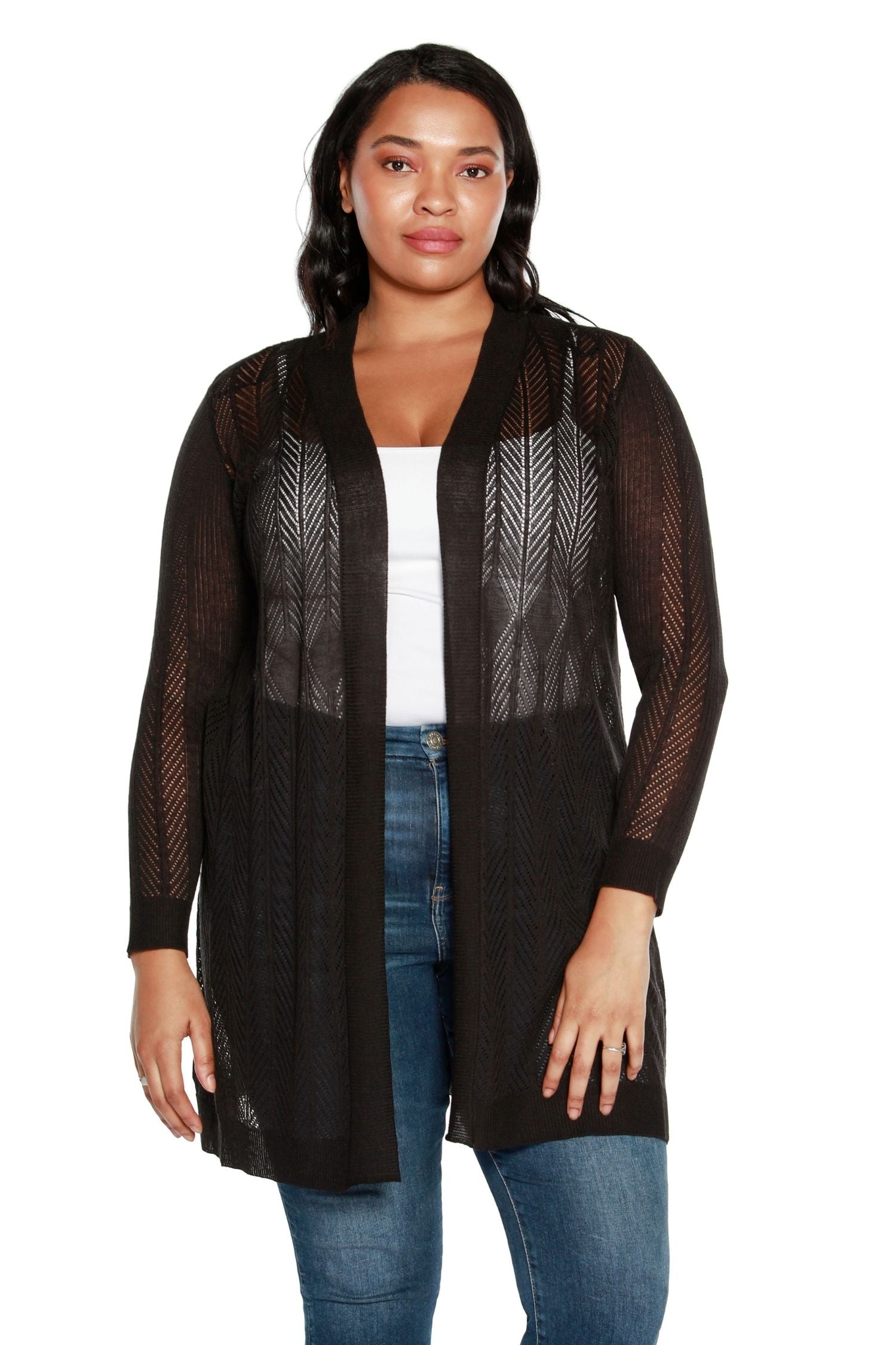 Women’s Sheer Long Cardigan with Crochet Chevron Stripes and Pointelle Stitch | Curvy
