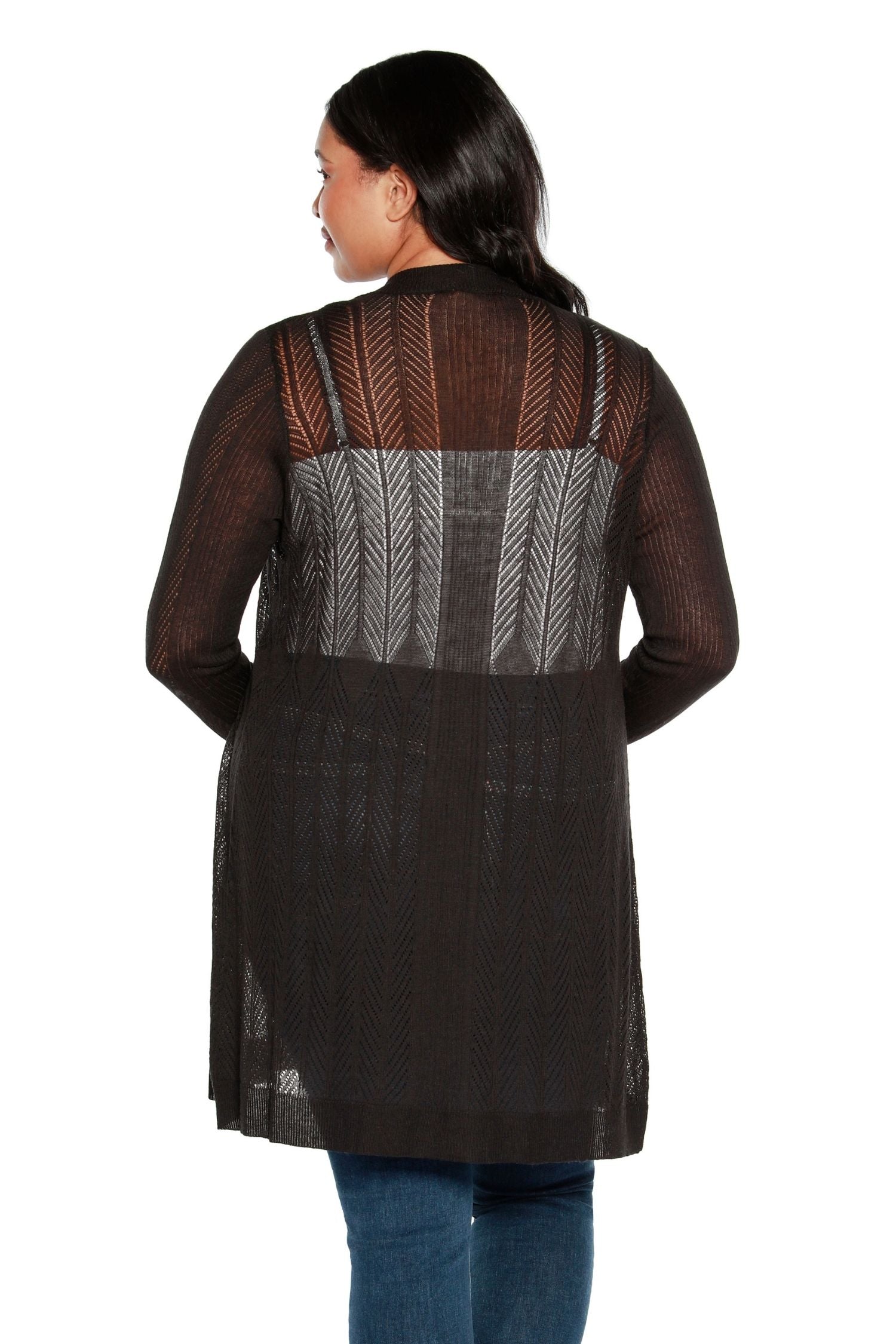 Cárdigan largo transparente para mujer con rayas de chevrón de crochet y punto pointelle | con curvas