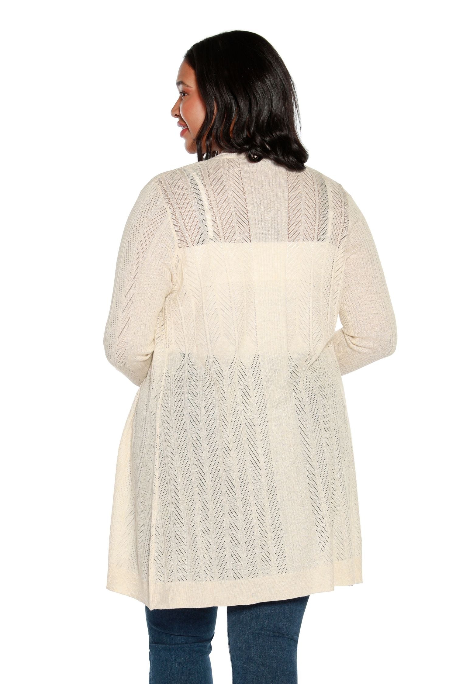 Cárdigan largo transparente para mujer con rayas de chevrón de crochet y punto pointelle | con curvas