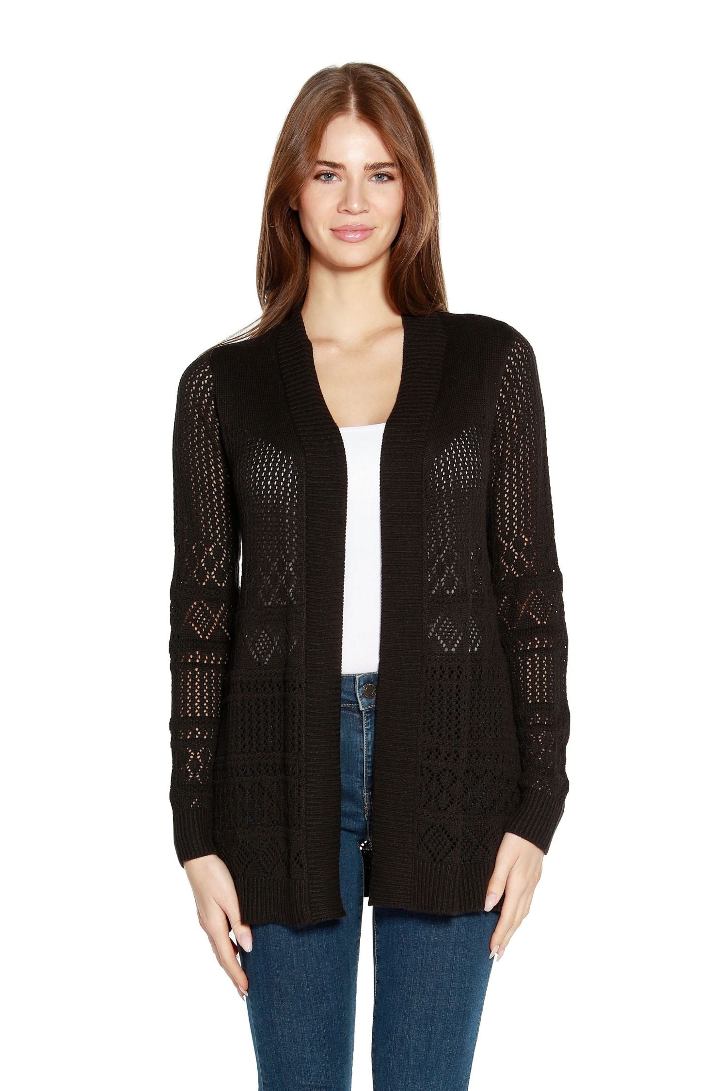 Women's Long Crochet Cardigan Mid-hip Open Sweater with Long Sleeves