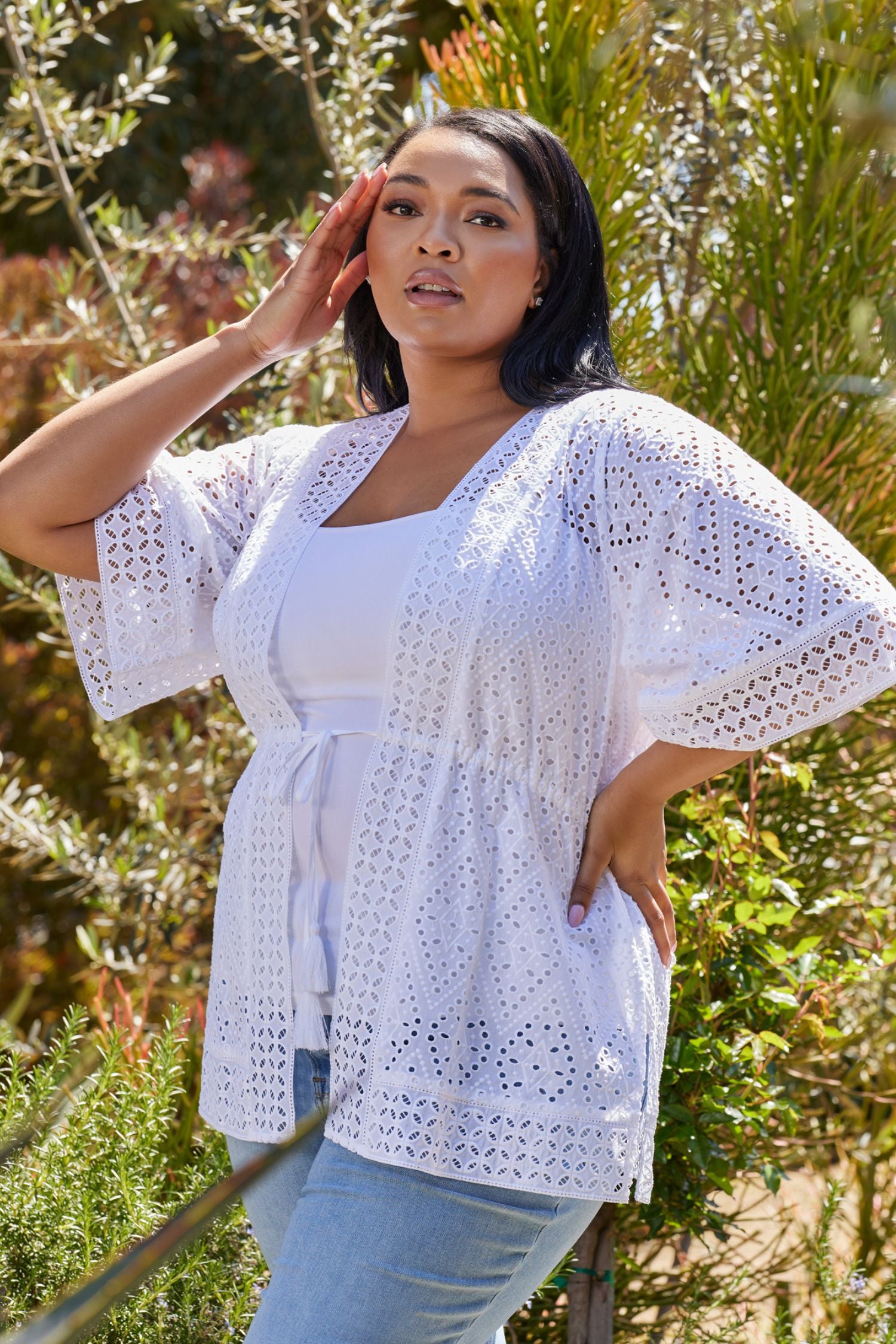 Women's Cotton Eyelet and Embroidery Kimono with Tie at Waist | Curvy
