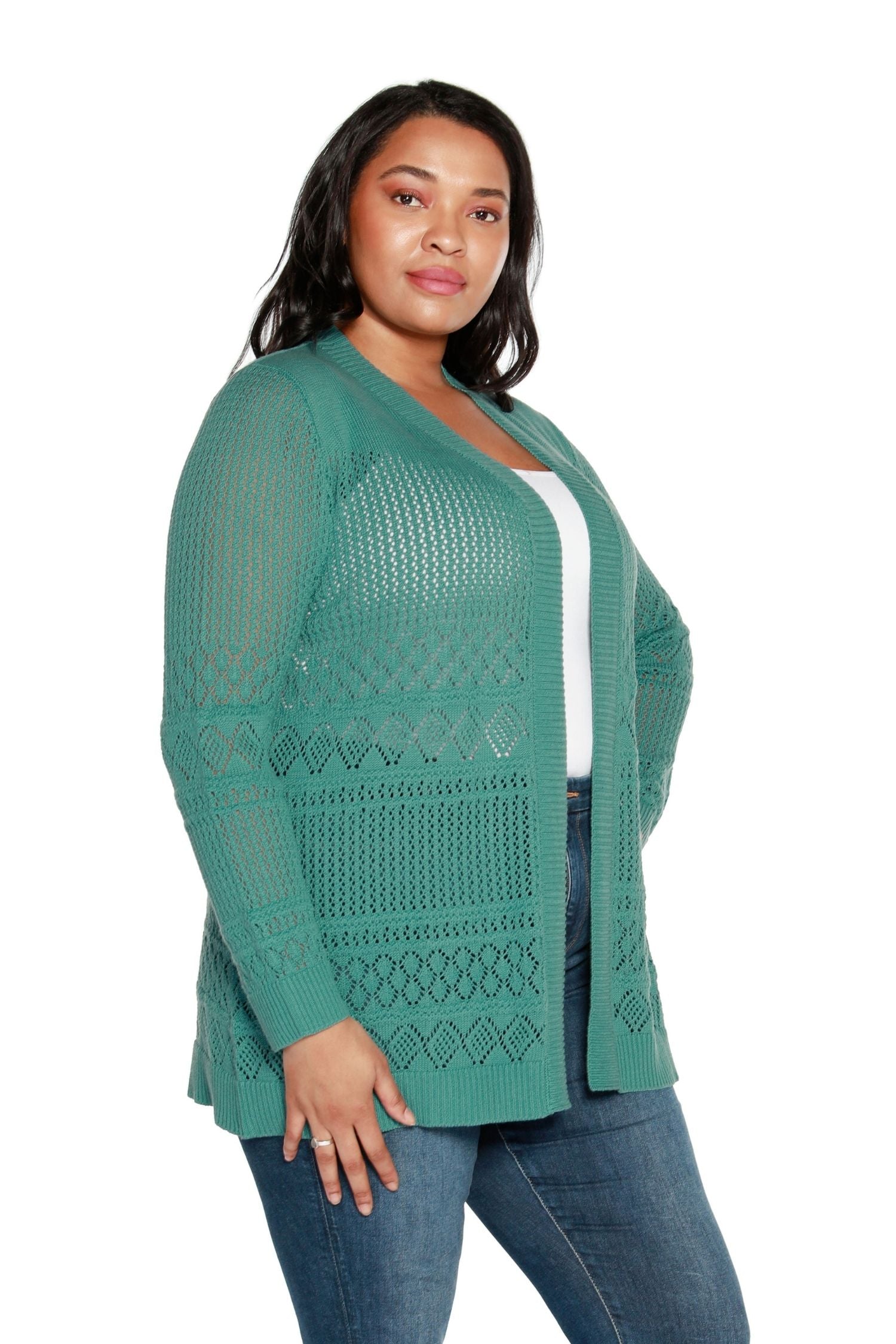 Women's Long Crochet Cardigan Mid-hip Open Sweater with Long Sleeves | Curvy