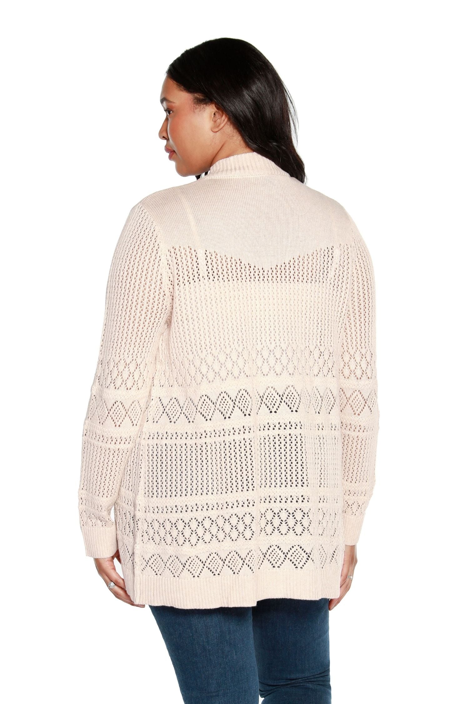Women's Long Crochet Cardigan Mid-hip Open Sweater with Long Sleeves | Curvy