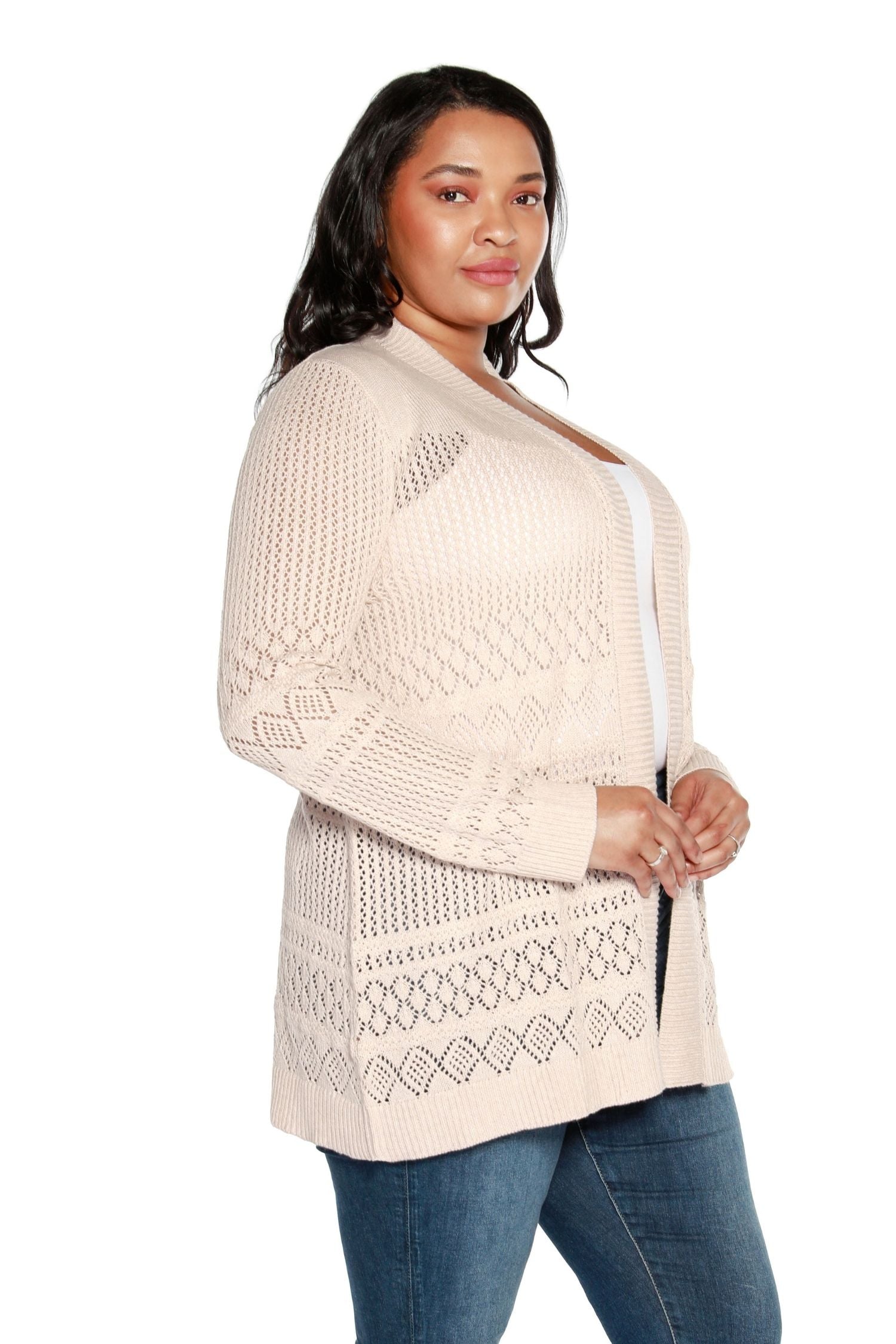 Cárdigan largo de crochet para mujer, suéter abierto a media cadera con mangas largas | con curvas