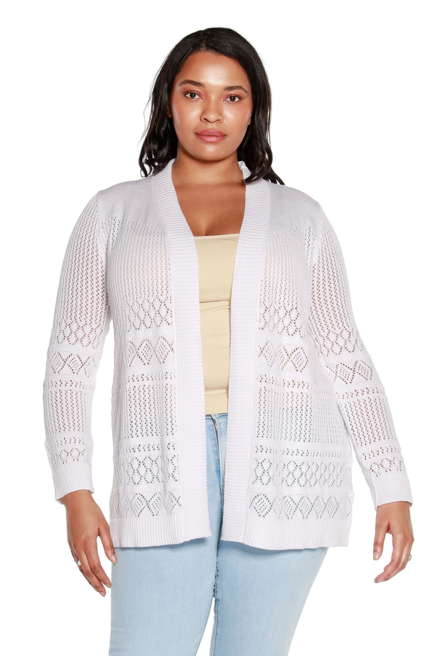 Women's Long Crochet Cardigan Mid-Hip Open Sweater with Long Sleeves | Curvy