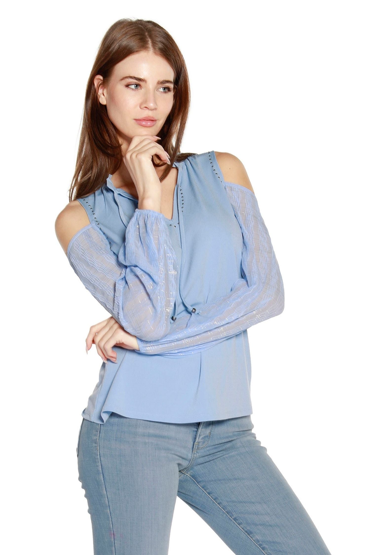 Women's Cold Shoulder Chiffon Sleeve Top with Lurex and Keyhole Neckline