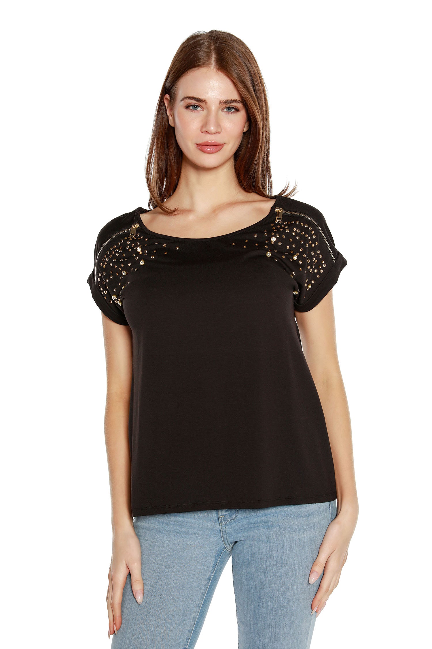 Women's Cap Sleeve Top with Zippers, Rhinestone and Stud Embellishments