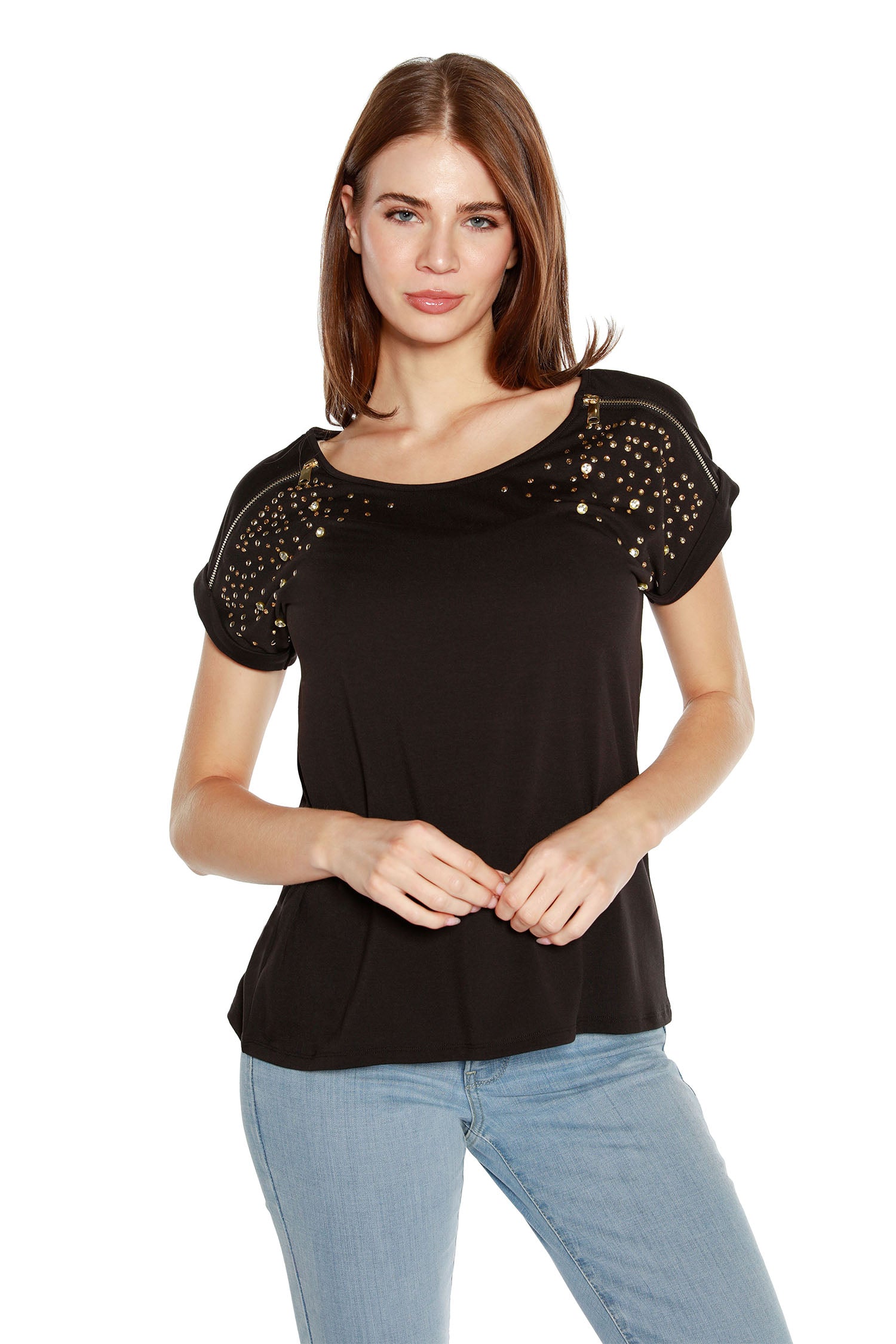 Women's Cap Sleeve Top with Zippers, Rhinestone and Stud Embellishments