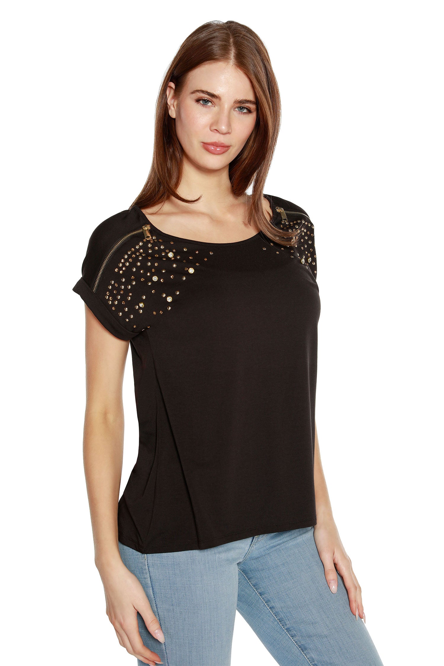 Women's Cap Sleeve Top with Zippers, Rhinestone and Stud Embellishments
