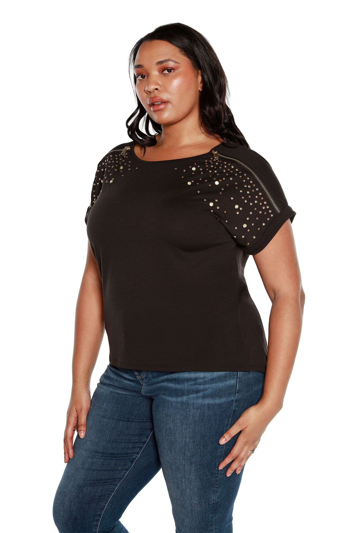 Women's Cap Sleeve Top with Zippers, Rhinestone and Stud Embellishments | Curvy
