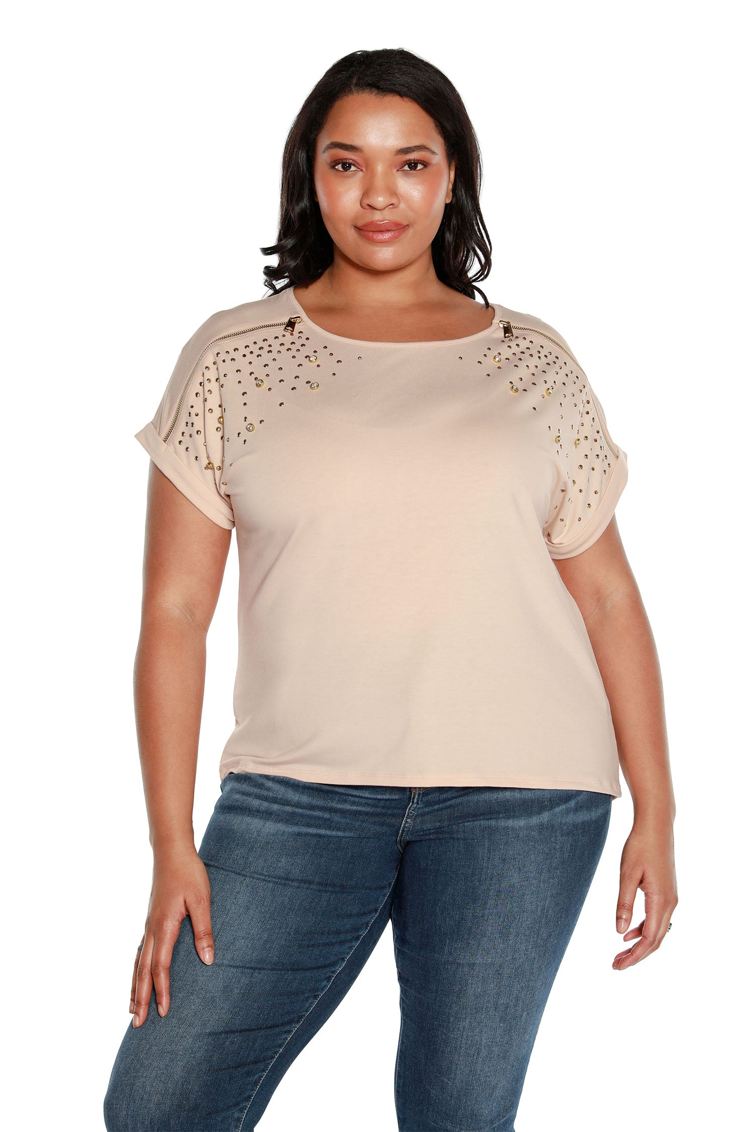 Women's Cap Sleeve Top with Zippers, Rhinestone and Stud Embellishments | Curvy